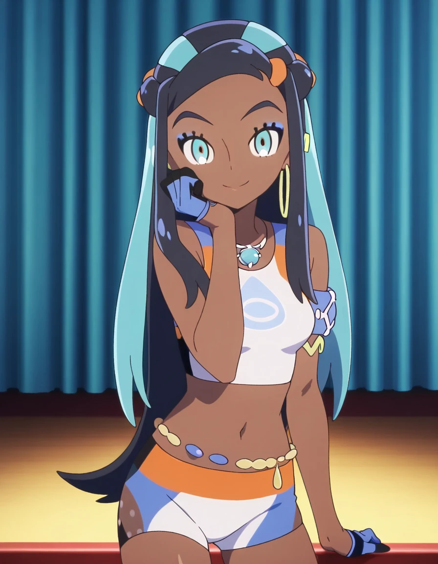 masterpiece, best quality, amazing quality,, <lora:pokemon-nessa-twilight-wings-illustriousxl-lora-nochekaiser:1>, nessa, nessa (pokemon), aqua eyes, eyeshadow, dark skin, dark-skinned female, hair bun, hair ornament, makeup, long hair, sidelocks, single hair bun, thick eyebrows, black hair, aqua hair, streaked hair, mature female, medium breasts, anime screencap,, armlet, bare arms, belly chain, bike shorts, bikini, crop top, earrings, gloves, half gloves, hoop earrings, jewelry, midriff, navel, necklace, short shorts, shorts, swimsuit, tankini,, head rest, smile,, stage, curtains, spotlight, audience, microphone, cowboy shot, solo, looking at viewer