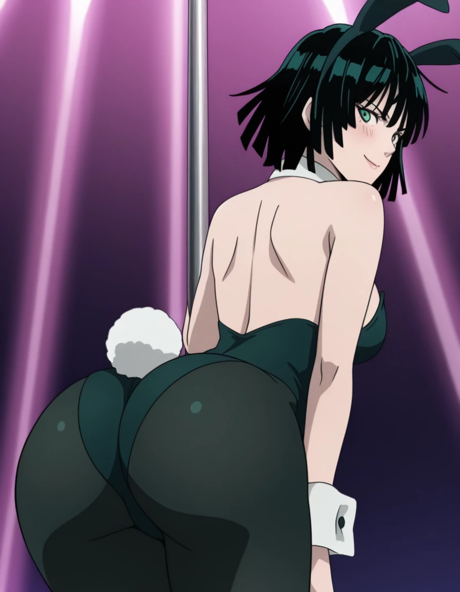 masterpiece, best quality, amazing quality,, <lora:opm-fubuki-s1s2-illustriousxl-lora-nochekaiser:1>, fubuki, fubuki (one-punch man), black hair, green eyes, short hair, mature female, breasts, anime screencap,, <lora:pole-dancing-from-behind-illustriousxl-lora-nochekaiser:1>, pole dancing, from behind, ass, pole, stripper pole, holding pole, blush, smile, playboy bunny, bunny ears, leotard, wrist cuffs, detached collar, highleg leotard, pantyhose, looking back, bent over, arched back, from side,,