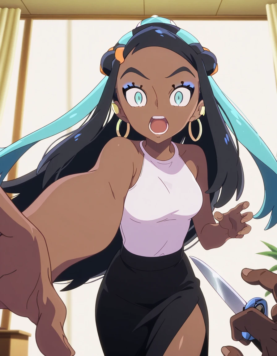 masterpiece, best quality, amazing quality,, <lora:pokemon-nessa-twilight-wings-illustriousxl-lora-nochekaiser:1>, nessa, nessa (pokemon), aqua eyes, eyeshadow, dark skin, dark-skinned female, hair bun, hair ornament, makeup, long hair, sidelocks, single hair bun, thick eyebrows, black hair, aqua hair, streaked hair, mature female, medium breasts, anime screencap,, <lora:pov-stabbing-illustriousxl-lora-nochekaiser:1>, pov stabbing, open mouth, holding, looking at viewer, pov, teeth, holding knife, knife, pov hand, hands up, constricted pupils, sanpaku eyes, shouting, outstretched arm, reaching towards viewer, cowboy shot,
