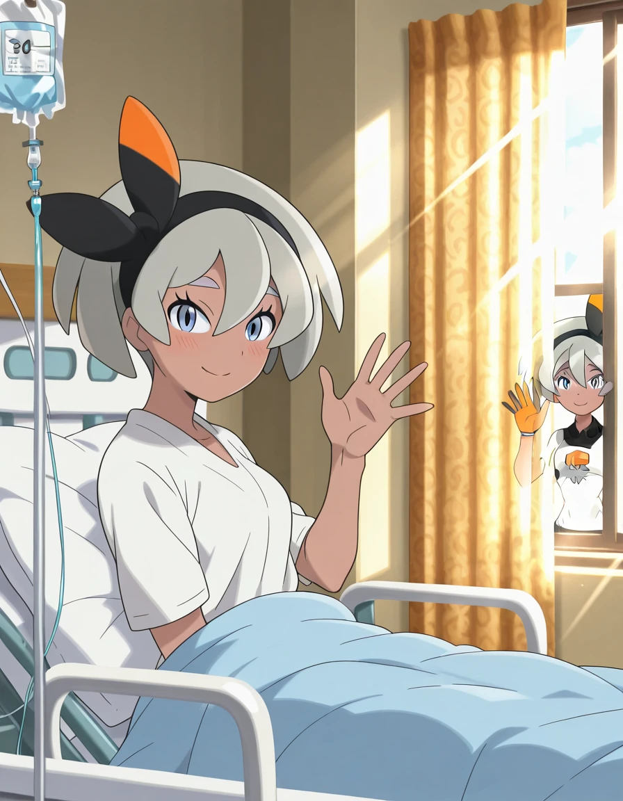 masterpiece, best quality, amazing quality,, <lora:pokemon-bea-anime-illustriousxl-lora-nochekaiser:1>, bea, bea (pokemon), blue eyes, dark skin, dark-skinned female, grey hair, hair between eyes, short hair, ribbon, hair ribbon, hairband, black ribbon, black hairband, mature female, small breasts, anime screencap,, <lora:hospital-bed-illustriousxl-lora-nochekaiser:1>, hospital bed, looking at viewer, blush, smile, indoors, pillow, window, bed, on bed, sunlight, curtains, intravenous drip, hand up, waving, sitting, from side, under covers, blanket,