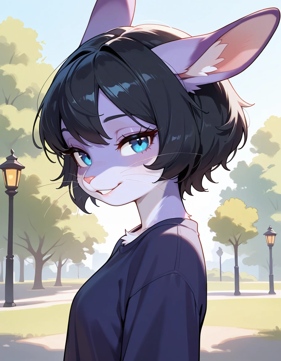 masterpiece, best quality, very aesthetic, absurdres,
outdoors, casual,
upper body, headshot, from side,
seductive smile, parted lips, long eyelashes,
m4rl3nn3,1girl,solo,furry,furry female,black hair,short hair,rabbit ears,blue eyes,animal nose,whiskers,body fur,purple fur,