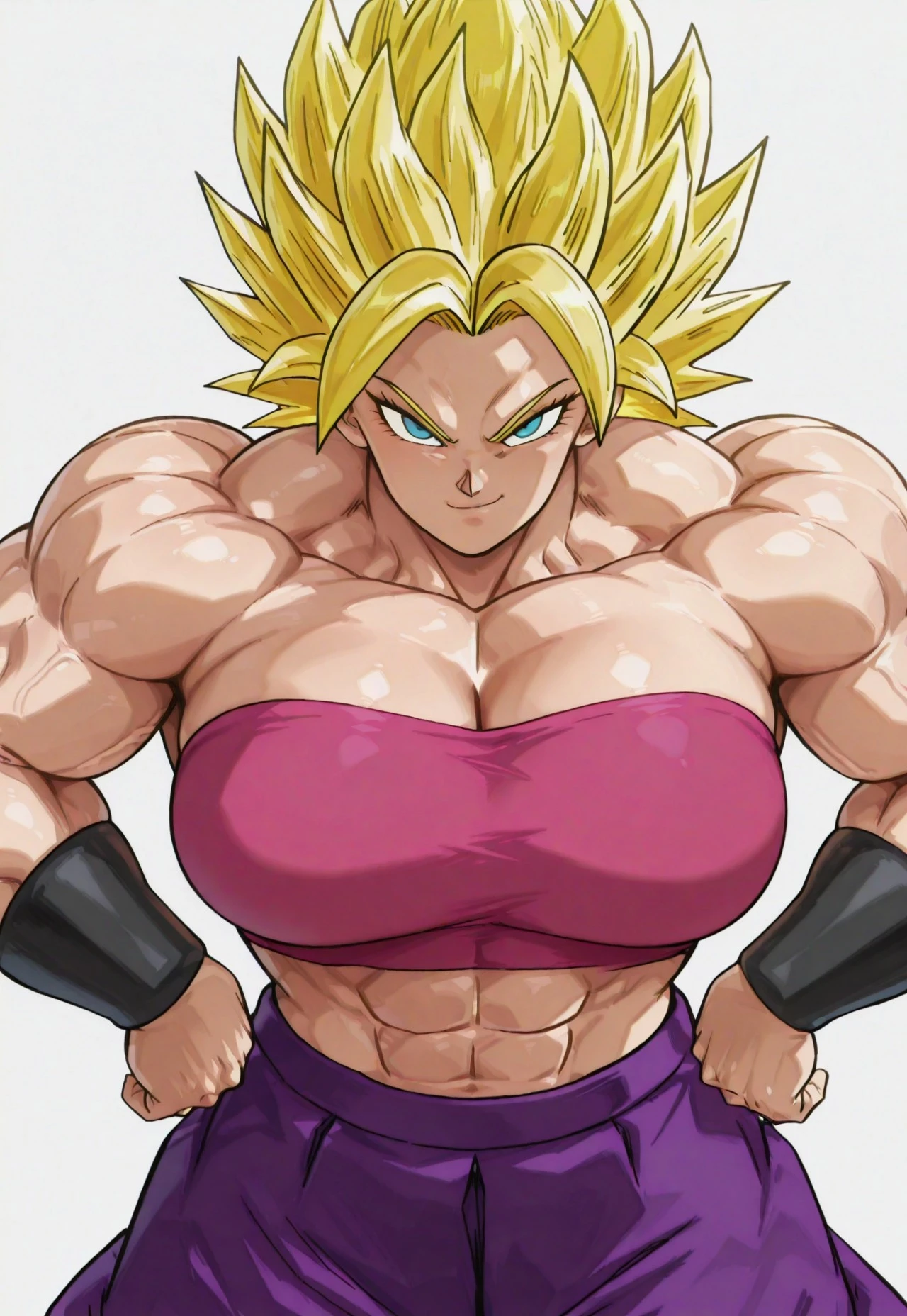 masterpiece,best quality,extreme detail,8k,<lora:caulifla-12:0.8>,caulifla2,1girl,solo,breasts,looking at viewer,smile,blonde hair,large breasts,navel,cleavage,bare shoulders,green eyes,midriff,pants,twitter username,aqua eyes,crop top,strapless,muscular,abs,spiked hair,muscular female,tube top,super saiyan,purple pants,