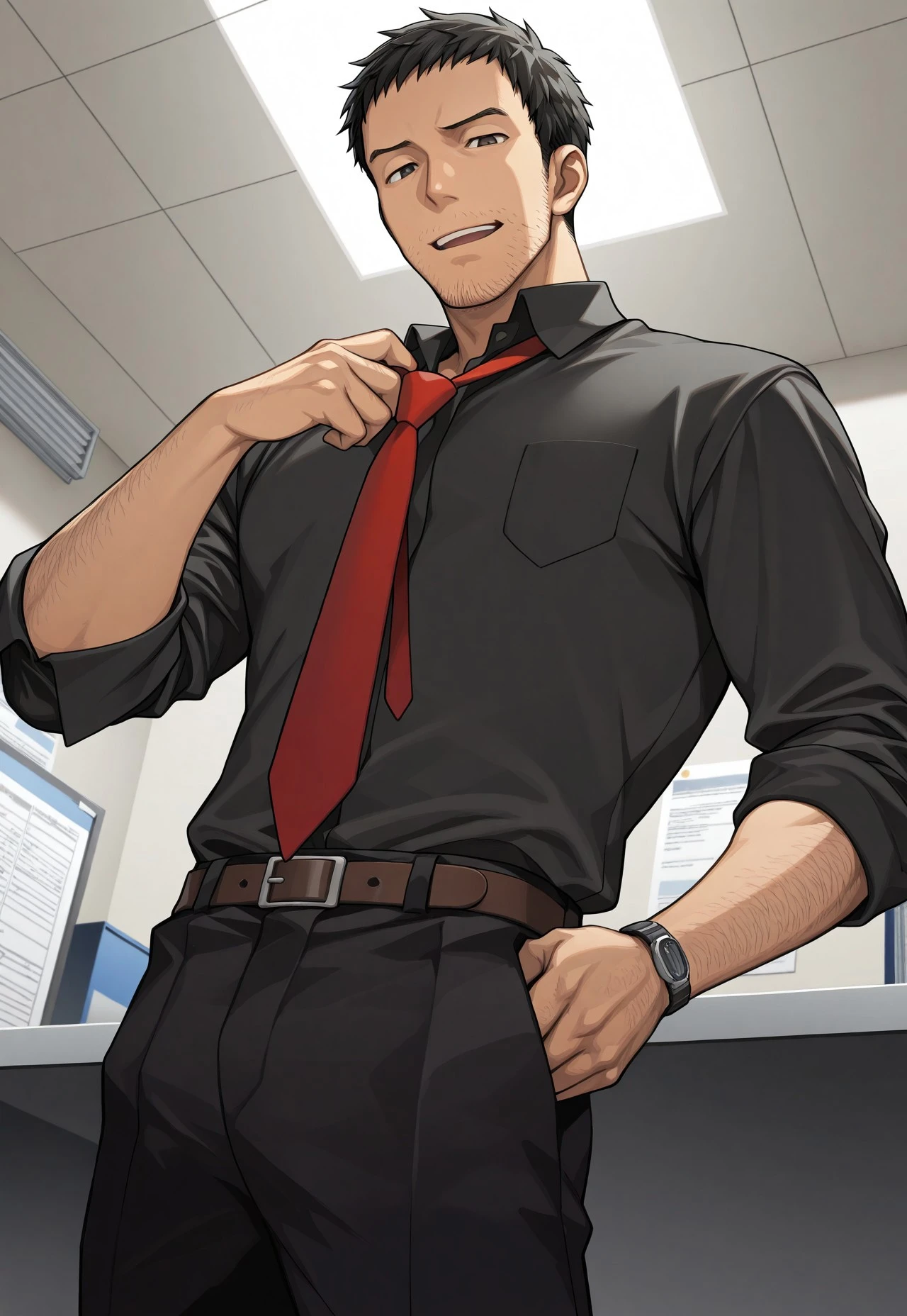 masterpiece, best quality, newest, extreme detail description, amazing quality, 1boy, solo, D0jima_p4 , black hair, black eyes, stubble, facial hair, collared shirt, red necktie, leather belt, black pants, fixing necktie, from below, looking at viewer, office background