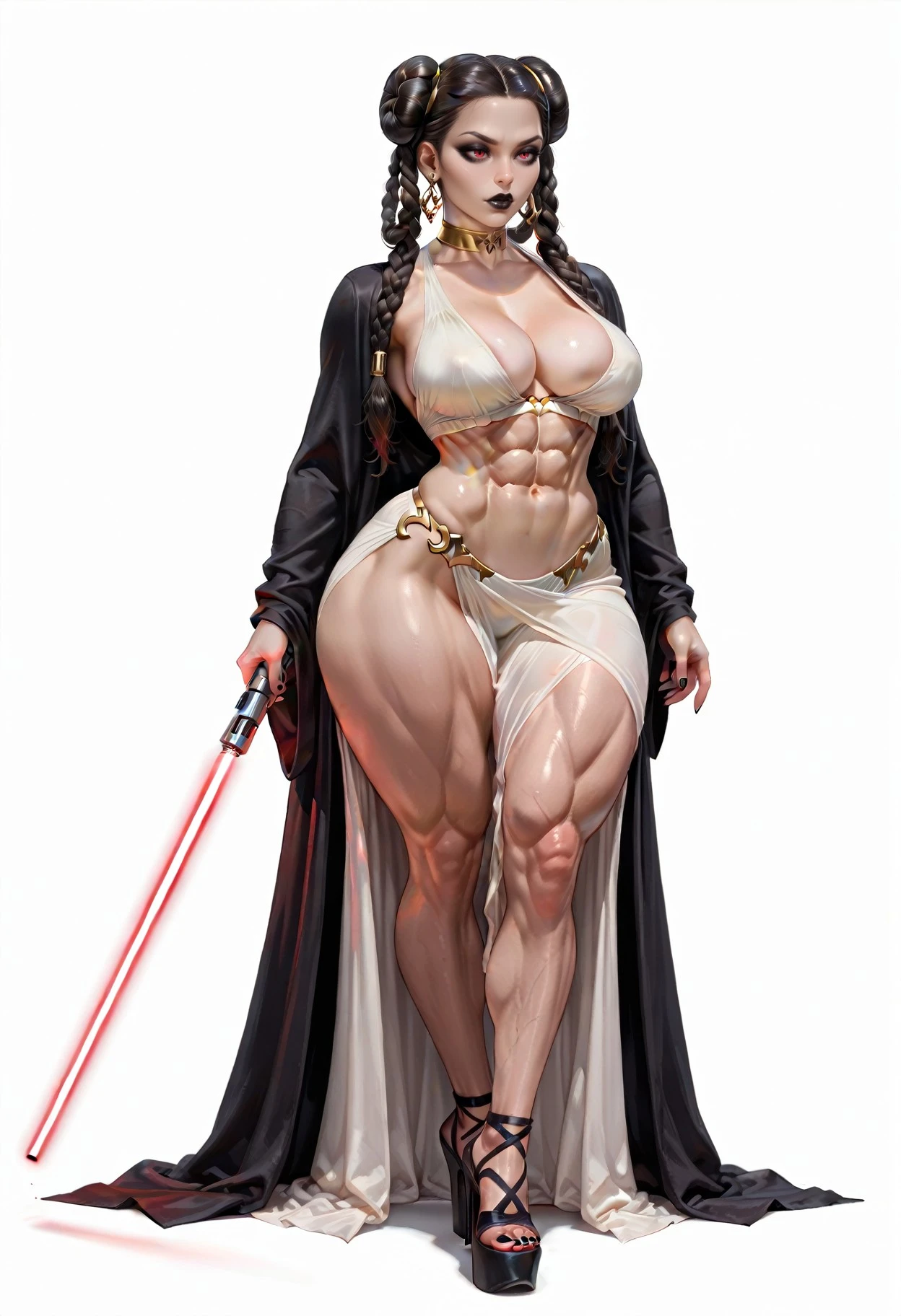 (masterpiece), best quality, expressive eyes, perfect face(masterpiece), best quality, expressive eyes, perfect face, Female warrior, short black hair, scar on left eye, bronze skin, red lips, amber eyes, muscular, wide hips, large breasts, holding a sword, red cape torn shoulder, arm sleeves, belt on legs, steel plate boots, steel plate gauntlets, chocker, breast plate, pussy plate, body scars, 