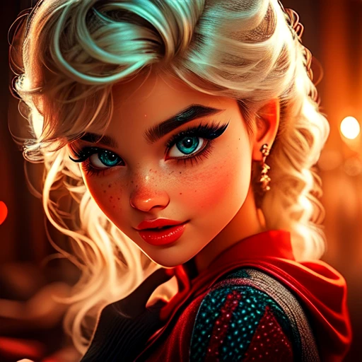 <lora:3D_FairytalesSD1:1> 3D Fairytales, The image shows a woman with blonde hair and blue eyes wearing a red dress set against a dark background. Her face is animated giving the image a dynamic feel., 1girl, solo, blue eyes, eyelashes, makeup, looking at viewer, freckles, glowing, lips, blonde hair