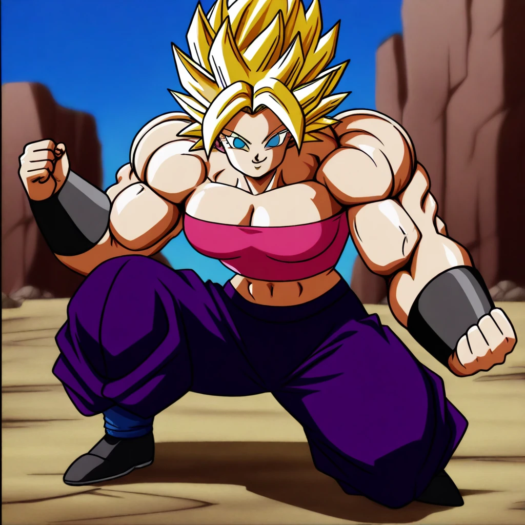 anime screencap, absurdres, high quality, 1990s \(style\),SSTGCaulifla, 1girl, super saiyan, ssj grade 3, blue eyes, yellow hair, spiked hair, muscular female, midriff, black footwear, pink tube top, purple pants, puffy pants, shoes, bracer, very muscular, thick muscles, thick arms, thick legs, solo, fighting stance, arms at sides, smiling, outdoor, blue sky,