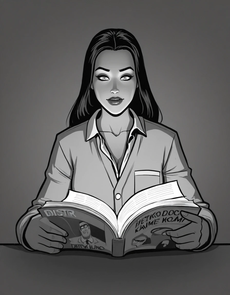 Black and white drawing of a black woman. The woman is sitting on a chair, is very beautiful, has short hair and large breasts. She looks into the camera, and makes a sign to come closer with her right hand.