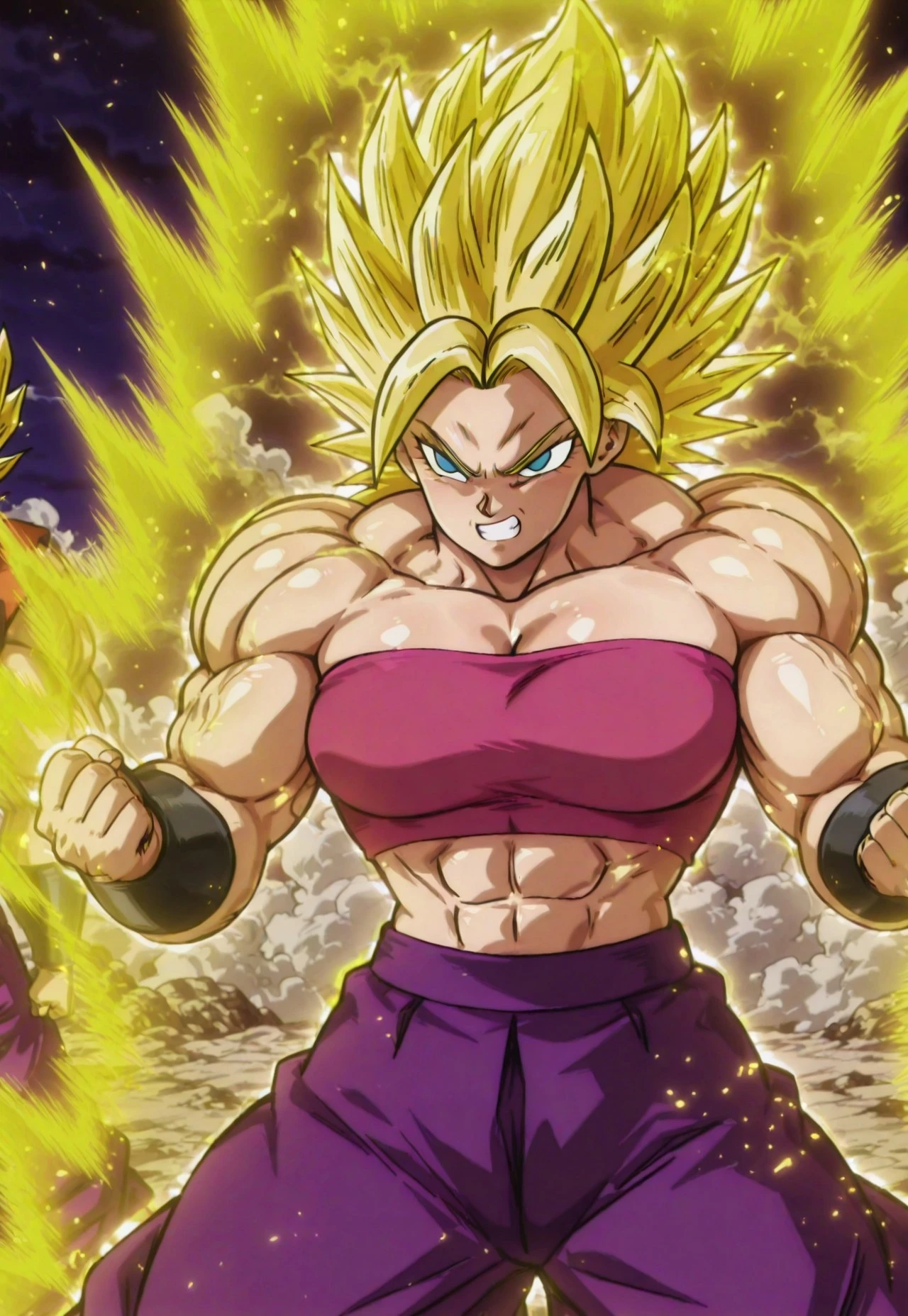 anime screencap, absurdres, high quality, SSTGCaulifla, 1girl, super saiyan, ssj grade 3, blue eyes, yellow hair, spiked hair, muscular female, midriff, black footwear, pink tube top, purple pants, puffy pants, shoes, bracer, very muscular, thick muscles, thick arms, thick legs, solo, clenched teeth, clenched hands, golden aura, v-shaped eyes, v-shaped eyebrows, purple pants, looking at another, biceps, shiny hair, shiny skin, cowboy shot, muscular female, dark sky, smoke,