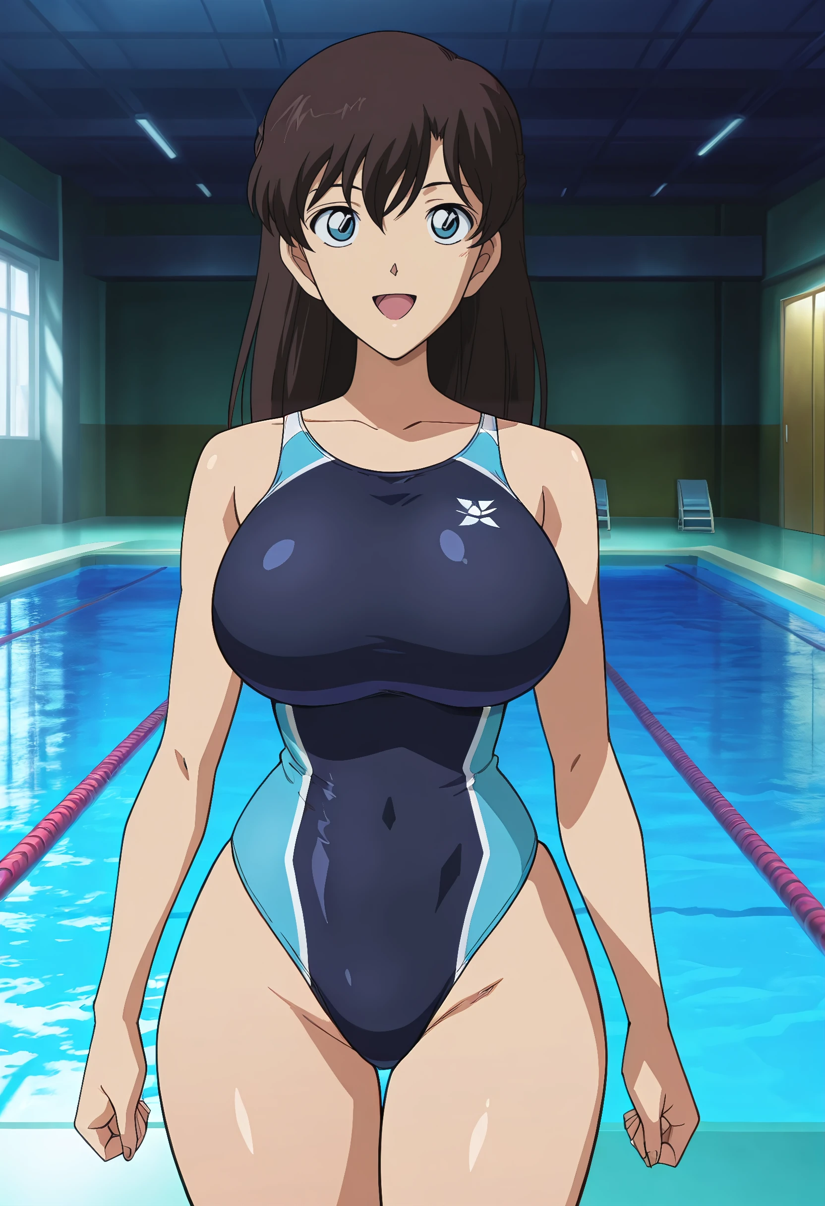 Shiny swimsuit,onepiece swimsuit,School Swimsuit,old School Swimsuit,blue onepiece swimsuit,Blue eyes,Brown hair, Long hair,Glasses,(Large breasts:1.5),Looking at Viewer,Standing,(((masutepiece))),((Best Quality)),Perfect Anatomy,8K UHD,extra detailed face,gloss and shiny,((1girl in)),((Solo)),(Beautiful detailed eyes:1.5),image perfect,(Upper body:1.1),(Look at the front:1.1),arms behind back,Slim waist,(lightsmile:1.1),Shiny hair,Indoor pool,