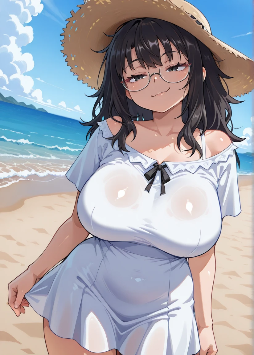 the entrance to a beach resort, a chubby girl next to the entrance, very chubby, large belly, massive thighs, large breasts, tight clothes, softly smiling, standing next to a sign that says 'Opu Nui Beach & Resort', palm trees, in front of a beach, wearing hotel atelier clothes, standing beside the sign, resort in the background, tall, wearing a large white sunhat, gesturing to the sign for the resort, very sexy,