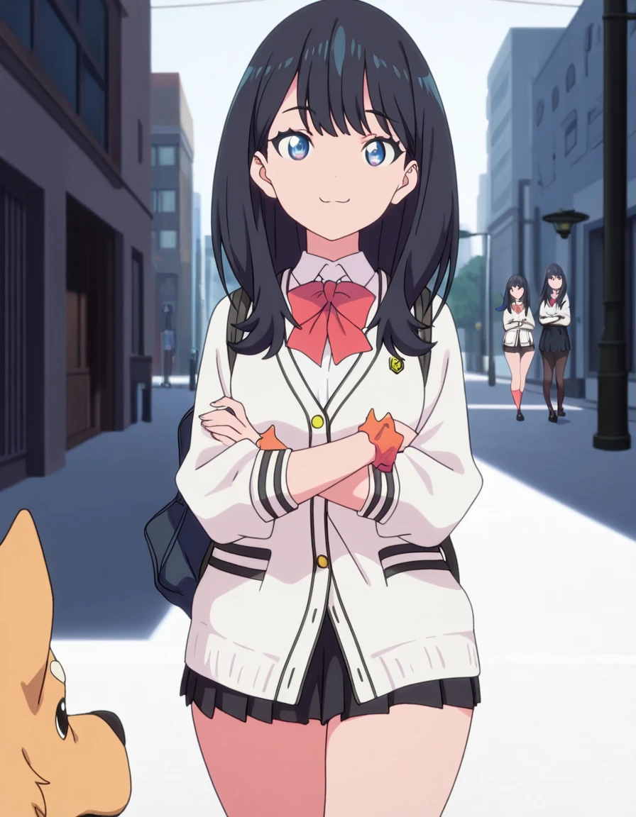 masterpiece, best quality, amazing quality,, <lora:rikka-takarada-s1-illustriousxl-lora-nochekaiser:1>, rikka takarada, takarada rikka, black hair, blue eyes, long hair, orange scrunchie, scrunchie, wrist scrunchie, mature female, medium breasts, anime screencap,, black footwear, black skirt, bow, bowtie, buttons, cardigan, collared shirt, long sleeves, microskirt, pleated skirt, red bow, red bowtie, red socks, school uniform, shirt, shoes, skirt, socks, thighs, white cardigan, white shirt,, crossed arms, smug, city street, evening, streetlights, walking dog, quiet neighborhood, gentle breeze, cowboy shot, solo, looking at viewer