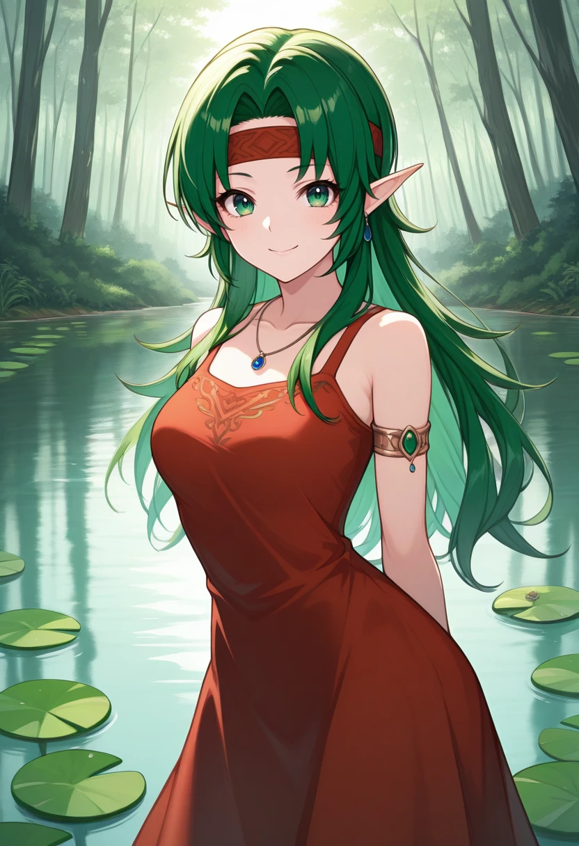 The most beautiful young elf with very long auburn hair and aquamarine green eyes wearing a white princess dress sit on the luxurious garden bench and shows off her  medium round  while looking at the camera with a lechero nsfw