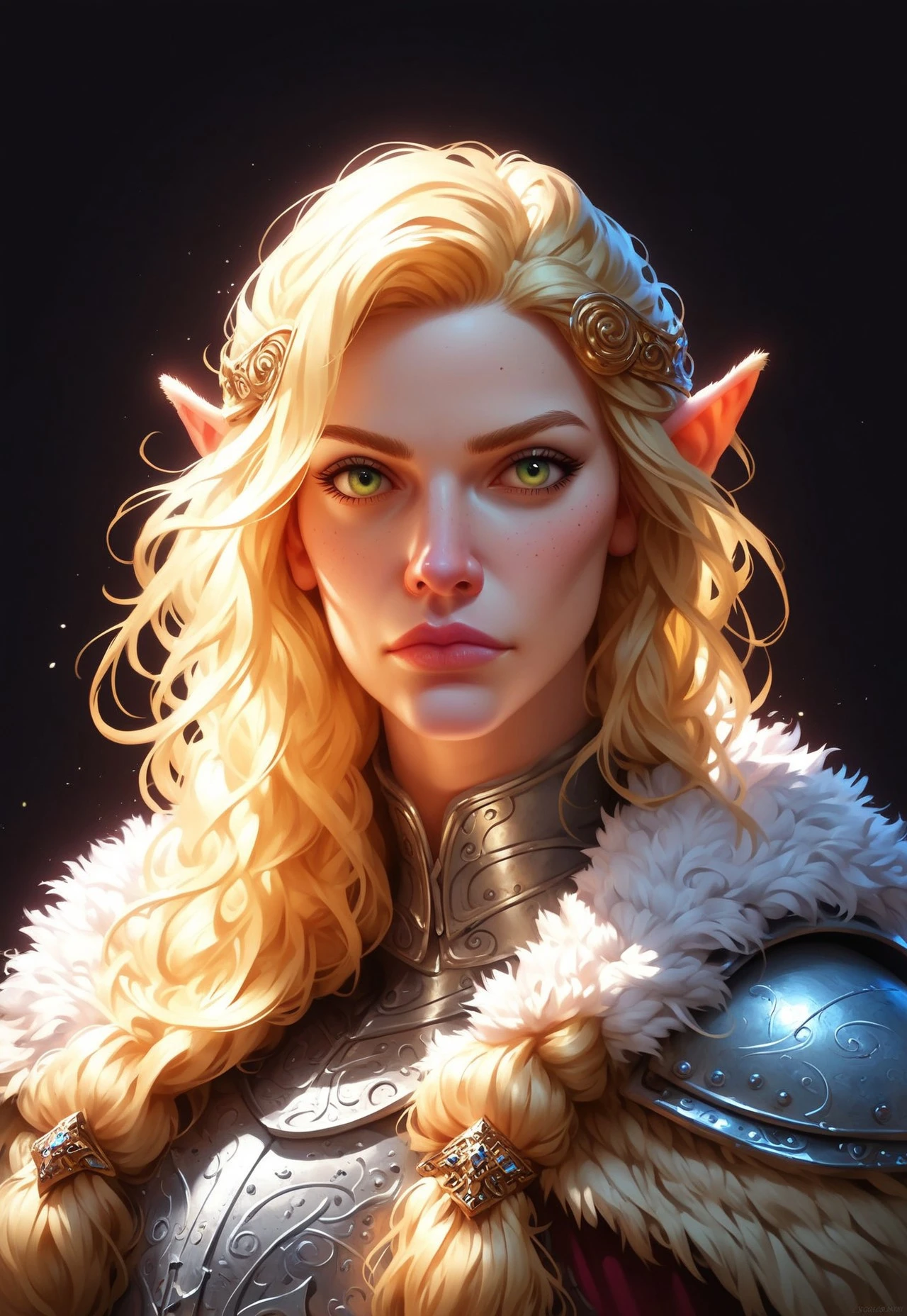 safe_pos, score_9, score_8_up, score_7_up, score_6_up, score_5_up, score_4_up, masterpiece, best quality, amazing quality, volumetric lighting, colorful, detailed, high quality, high contrast, vivid lighting, realistic,
woman, simple background, black background, princess, noble, yellow eyes, gorgeous, elf, fur outfit, (viking outfit), slavic outfit, pale skin, solo, (black and silver armour), elven ornaments, fur cloak, primeval jewelry, standing up straight, calm face, green eyes, golden hair, mature, closed mouth, cowboy shot
