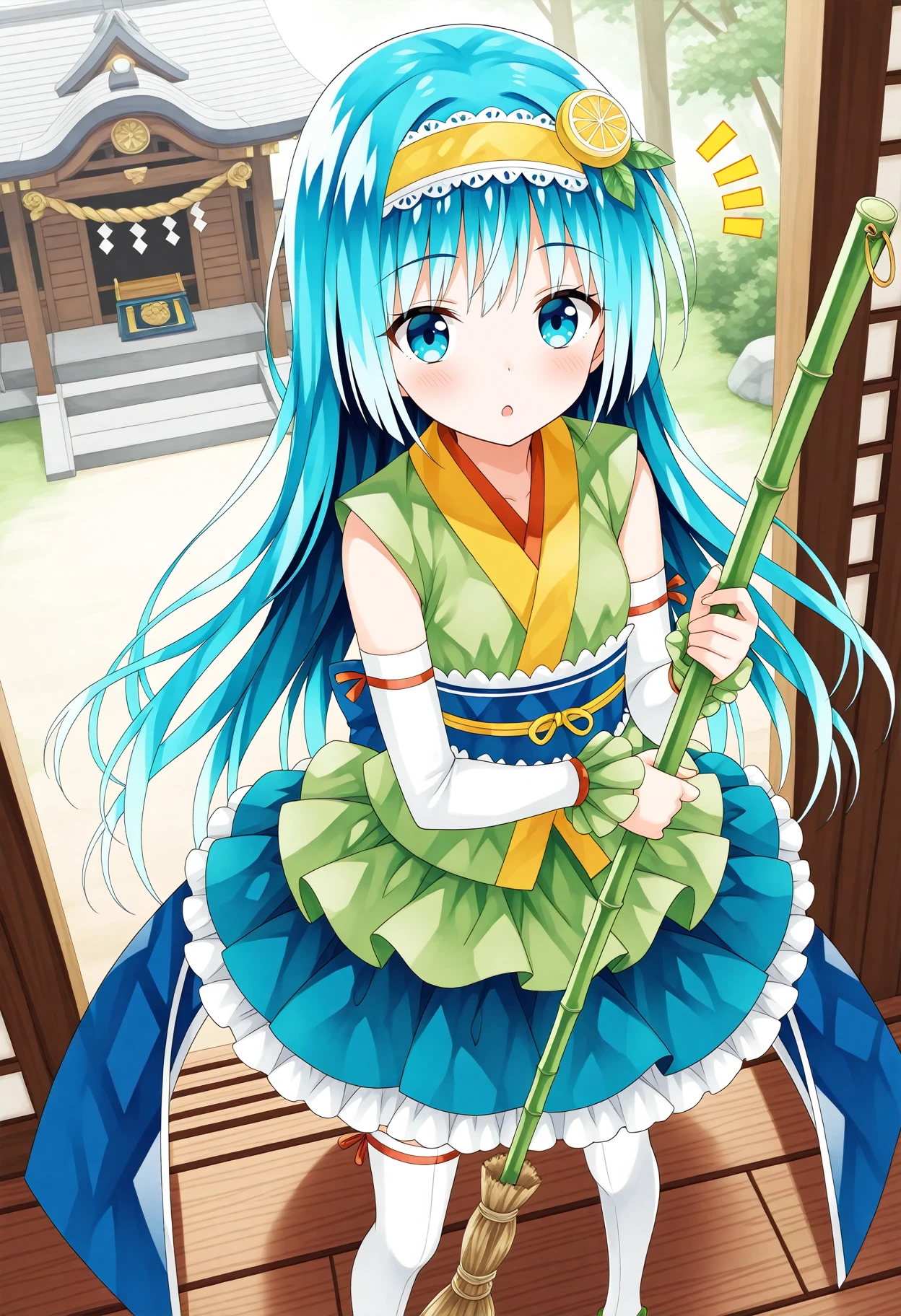 absurdres, highres, extremely detailed CG unreal engine 8k, best quality, ((dynamic), detailed fingers, detailed hands, detailed face), all intricate, 1girl, taketoritouka, jumping, battle, magic, outside,
long hair, thighhighs, blue eyes, detached sleeves, blue hair, hairband, sash, white thighhighs, japanese clothes, skirt, hair ornament, obi, yellow hairband, frills, very long hair, blue skirt, sleeveless, aqua hair, sandals, kimono, kimono skirt,
<lora:Magicawars2-000003:1>