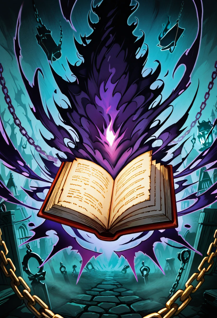 masterpiece, best quality, zzShadowMagic, book, no humans, chain, floating, open book, floating object, dark aura, solo, wings ,<lora:ShadowMagic_NAI:1.0>,