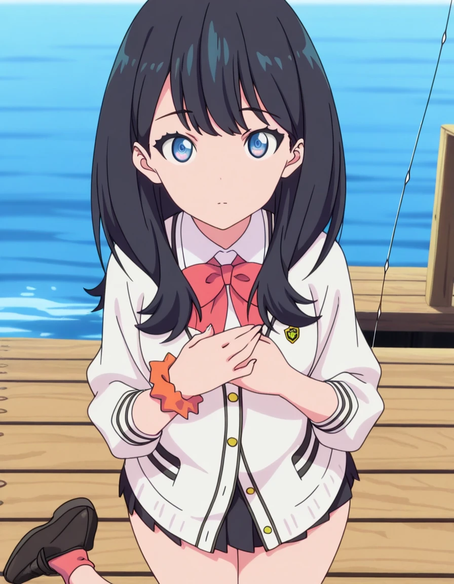 masterpiece, best quality, amazing quality,, <lora:rikka-takarada-s1-illustriousxl-lora-nochekaiser:1>, rikka takarada, takarada rikka, black hair, blue eyes, long hair, orange scrunchie, scrunchie, wrist scrunchie, mature female, medium breasts, anime screencap,, black footwear, black skirt, bow, bowtie, buttons, cardigan, collared shirt, long sleeves, microskirt, pleated skirt, red bow, red bowtie, red socks, school uniform, shirt, shoes, skirt, socks, thighs, white cardigan, white shirt,, hands on own chest,, pier, wood, water, fishing, dock, cowboy shot, solo, looking at viewer
