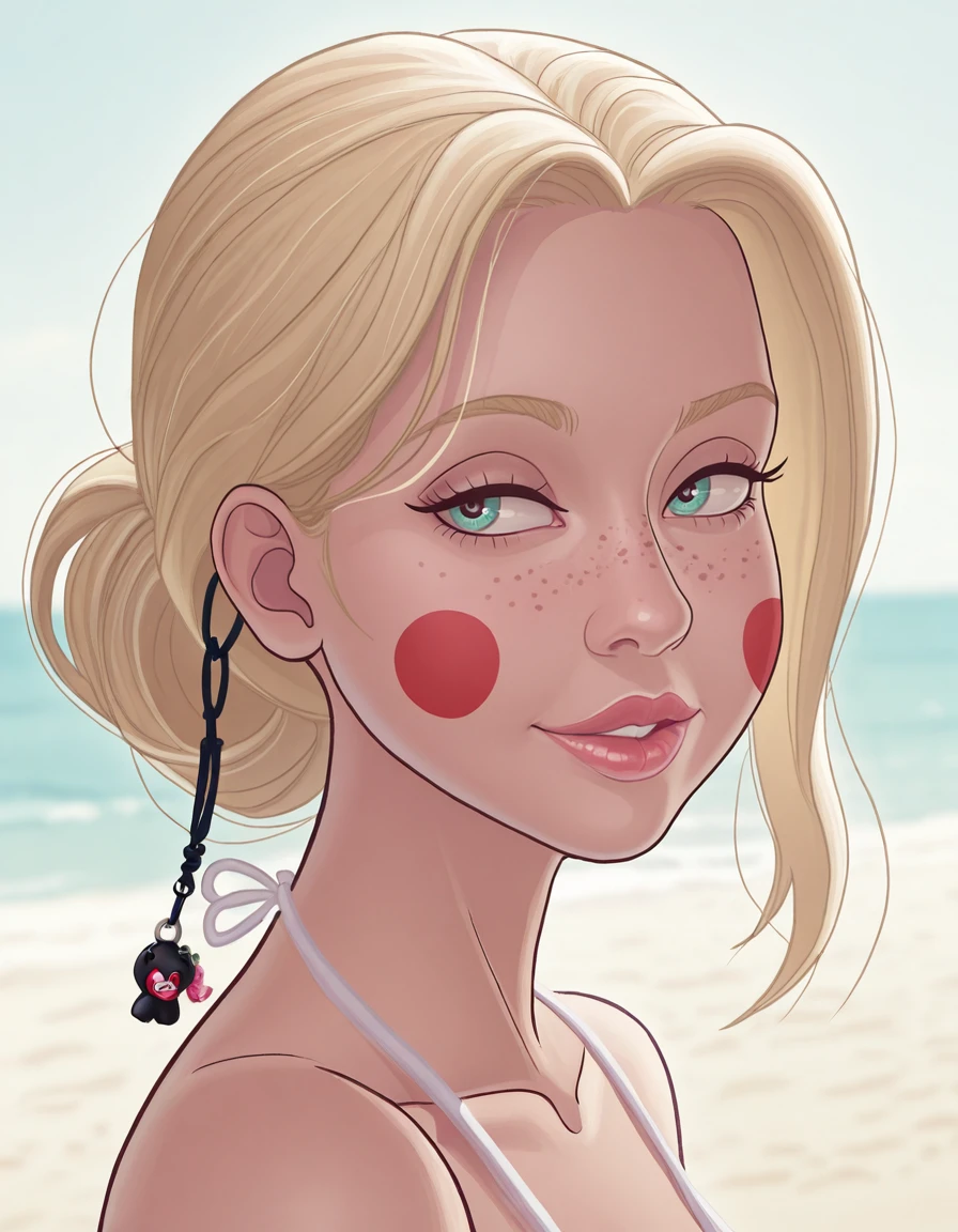 masterpiece, best quality, <lora:DirtymonkeyQuiron_illus:1> dirtymonkeyquiron,
1girl walking at the beach, freckles, red cheeks, blond hair, gazing at the viewer with a seductive allure, (enticing expression), intense eye contact, subtle playfulness, meticulous detailing, captivating charm, focused composition, seductive aura, alluring glance, intriguing mood, realistic portrayal, enticing appeal, suggestive subtlety, expressive eyes, magnetic presence, charismatic expression, subtle invitation, compelling connection, sensual intrigue, powerful gaze.,