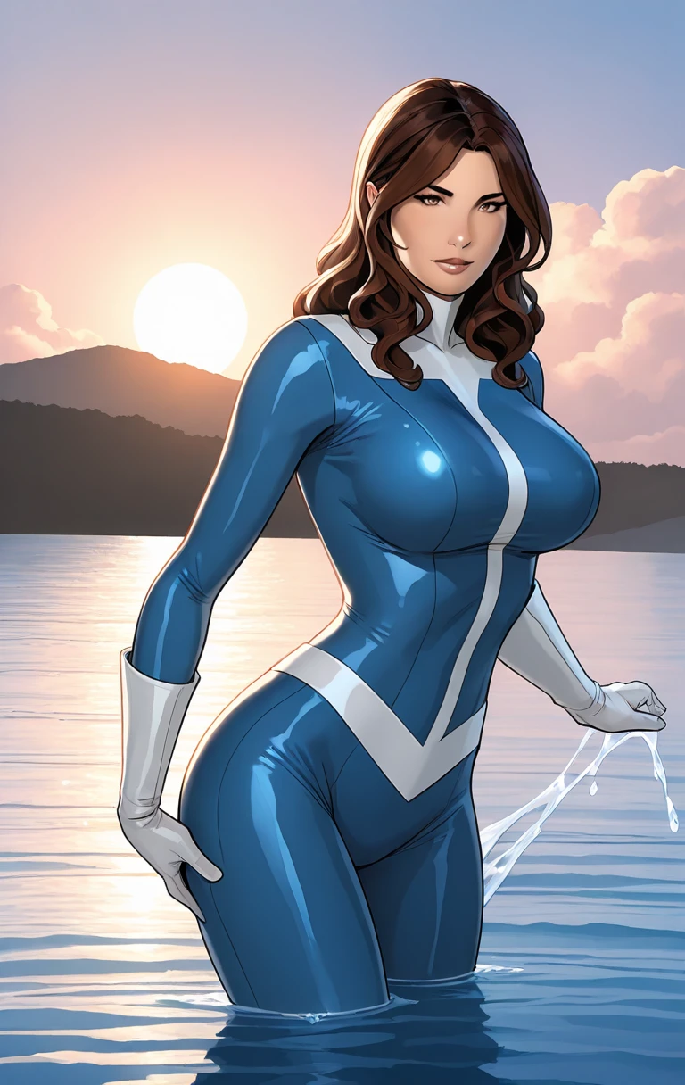 (masterpiece, top quality, best quality, official art, beautiful and aesthetic:1.2), (1girl:1.3), brown hair, braid, extremely detailed, portrait, looking at viewer, solo, (full body:0.6), detailed background, close up, mischievous eyes, (warm city superhero theme:1.1), pleasant smile, brunette, aquiline nose, green eyes, braid, ((gigantic breasts)), (thin), athletic, superhero. Wearing a white and gold superhero leotard, cape, gloves, thigh-high boots, slim waist, slim hips, long legs, modern (city street exterior:1.1) detailed background, bright optimistic lighting, shadows, magical atmosphere, dutch angle