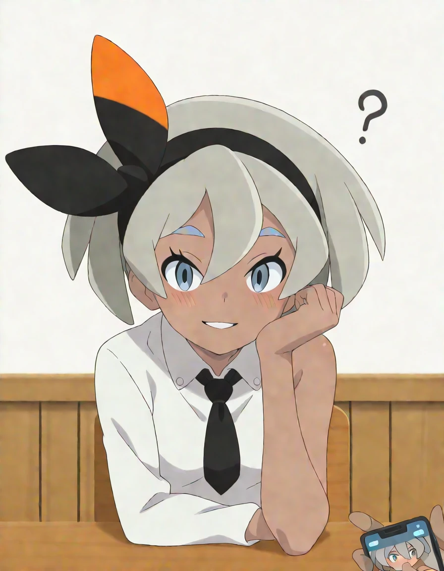 masterpiece, best quality, amazing quality,, <lora:pokemon-bea-anime-illustriousxl-lora-nochekaiser:1>, bea, bea (pokemon), blue eyes, dark skin, dark-skinned female, grey hair, hair between eyes, short hair, ribbon, hair ribbon, hairband, black ribbon, black hairband, mature female, small breasts, anime screencap,, <lora:smartphone-juxtaposition-illustriousxl-lora-nochekaiser:1>, smartphone juxtaposition, juxtaposition, 2girls, ?, pov, pov hand, hetero, phone, penis, shirt, necktie, black necktie, oral, white shirt, fellatio, collared shirt, cellphone, holding, smartphone, holding phone, looking at viewer, blush, long sleeves, desk, sitting, elbow rest, completely nude, smile, parted lips, <lora:kazuma-satou-illustriousxl-lora-nochekaiser:1>, kazuma satou, 1boy, brown hair, green eyes, short hair,