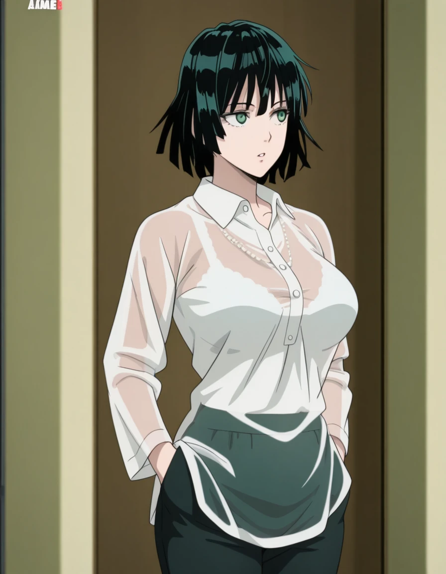 masterpiece, best quality, amazing quality,, <lora:opm-fubuki-s1s2-illustriousxl-lora-nochekaiser:1>, fubuki, fubuki (one-punch man), black hair, green eyes, short hair, mature female, breasts, anime screencap,, <lora:barong-tagalog-illustriousxl-lora-nochekaiser:1>, barong tagalog, shirt, long sleeves, standing, white shirt, cowboy shot, parted lips, collared shirt, pants, black pants, hands in pockets, looking to the side, see-through shirt,