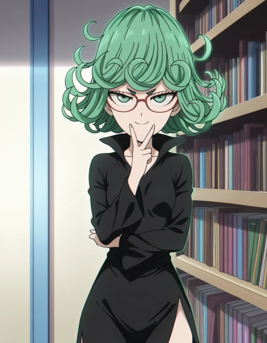 masterpiece, best quality, amazing quality,, <lora:opm-tatsumaki-s1-illustriousxl-lora-nochekaiser:1>, tatsumaki, tatsumaki (one-punch man), green hair, green eyes, short hair, curly hair, mature female, small breasts, anime screencap,, dress, black dress, side slit, collarbone, long sleeves, v, v over mouth, smug,, library, reading books, glasses, quiet, focused, shelves of books, cowboy shot, solo, looking at viewer