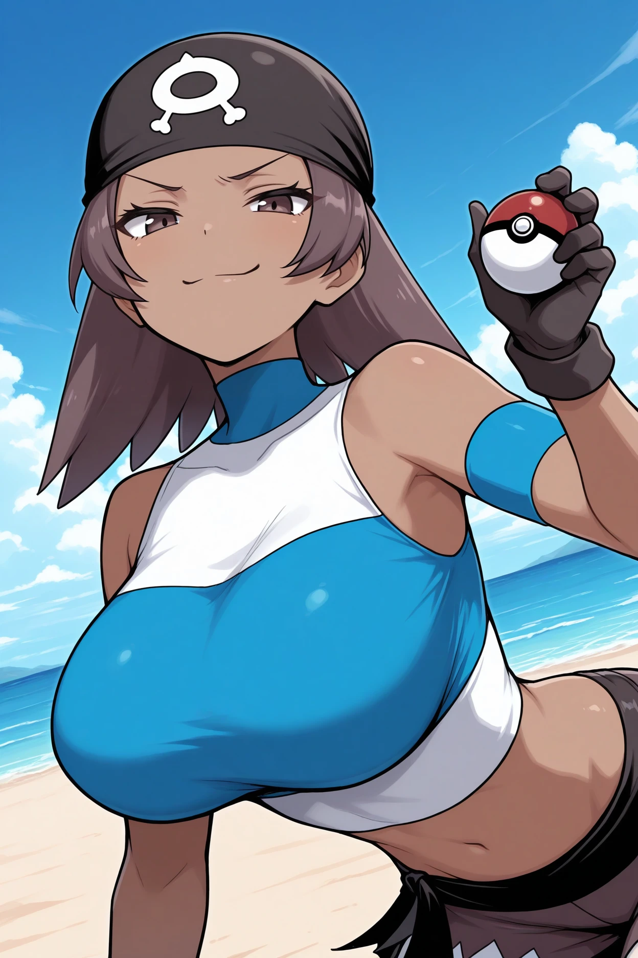 20years old,def1,embarrassed expression,looking at the camera,pokemon stadium,portrait,soft lighting,portrait, best quality, 4k, highres, masterpiece:1.2, ultra-detailed, HDR, (((naked body))), nipples, vagina, (((big breasts))), (beach resort), standing, (sexy pose), perfect anatomy, perfect hands, smiling