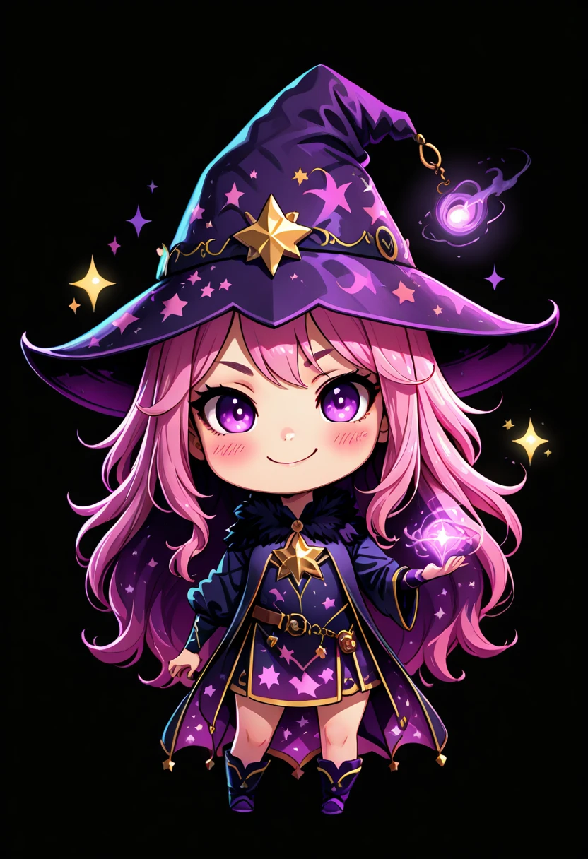 masterpiece, best quality,   zzShadowMagic, 1girl, solo, long hair, looking at viewer, blush, smile, simple background, long sleeves, hat, dress, very long hair, purple eyes, full body, pink hair, purple hair, chibi, star (symbol), witch hat, black background, star print, purple headwear, bangs, holding, sparkle, robe, witch  ,<lora:ShadowMagic_NAI:1.0>,
