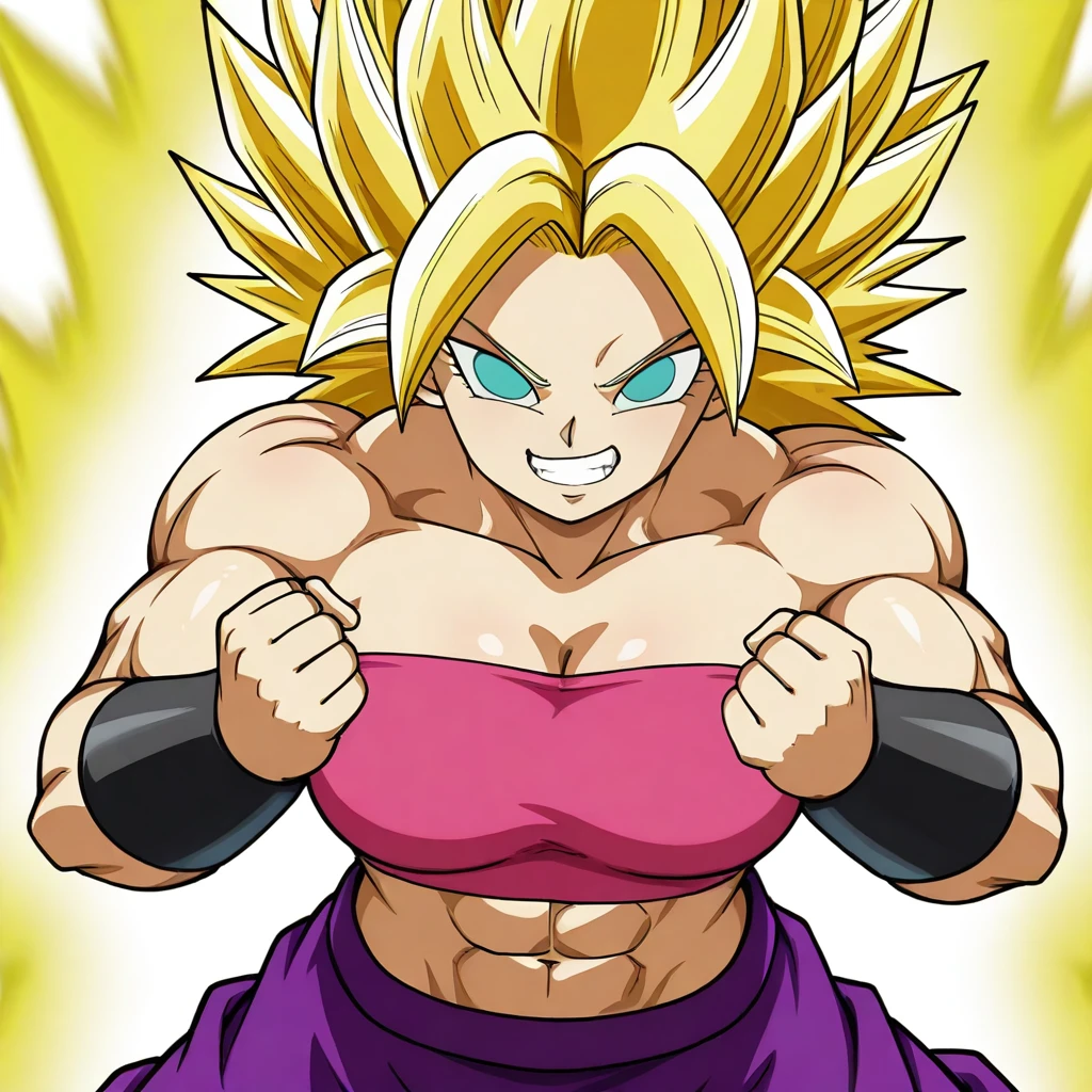 caulifla, ssj grade 3, official style, 1girl, solo, breasts, aqua eyes, blonde hair, teeth, midriff, pink tube top, abs, spiked hair, clenched teeth, clenched hands, bracer, golden aura, v-shaped eyes, v-shaped eyebrows, purple pants, standing, hands on hips, white background, looking at viewer, smirk,
