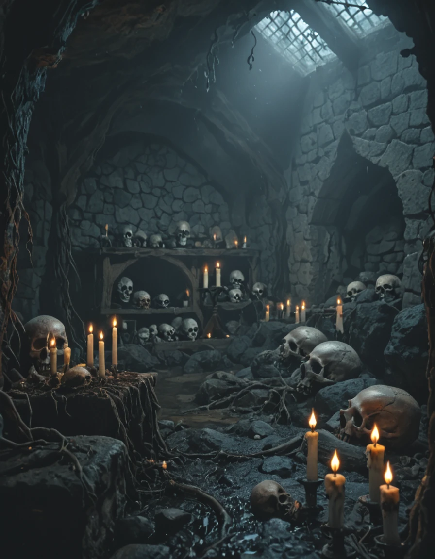 <lora:MW_Tavern01xl:1> mwt01, cave, many skulls, indoors, empty, noone, medieval, candles lights, misty day, dark, rocks, roots, dirty, wet, skylight, T1 bokeh