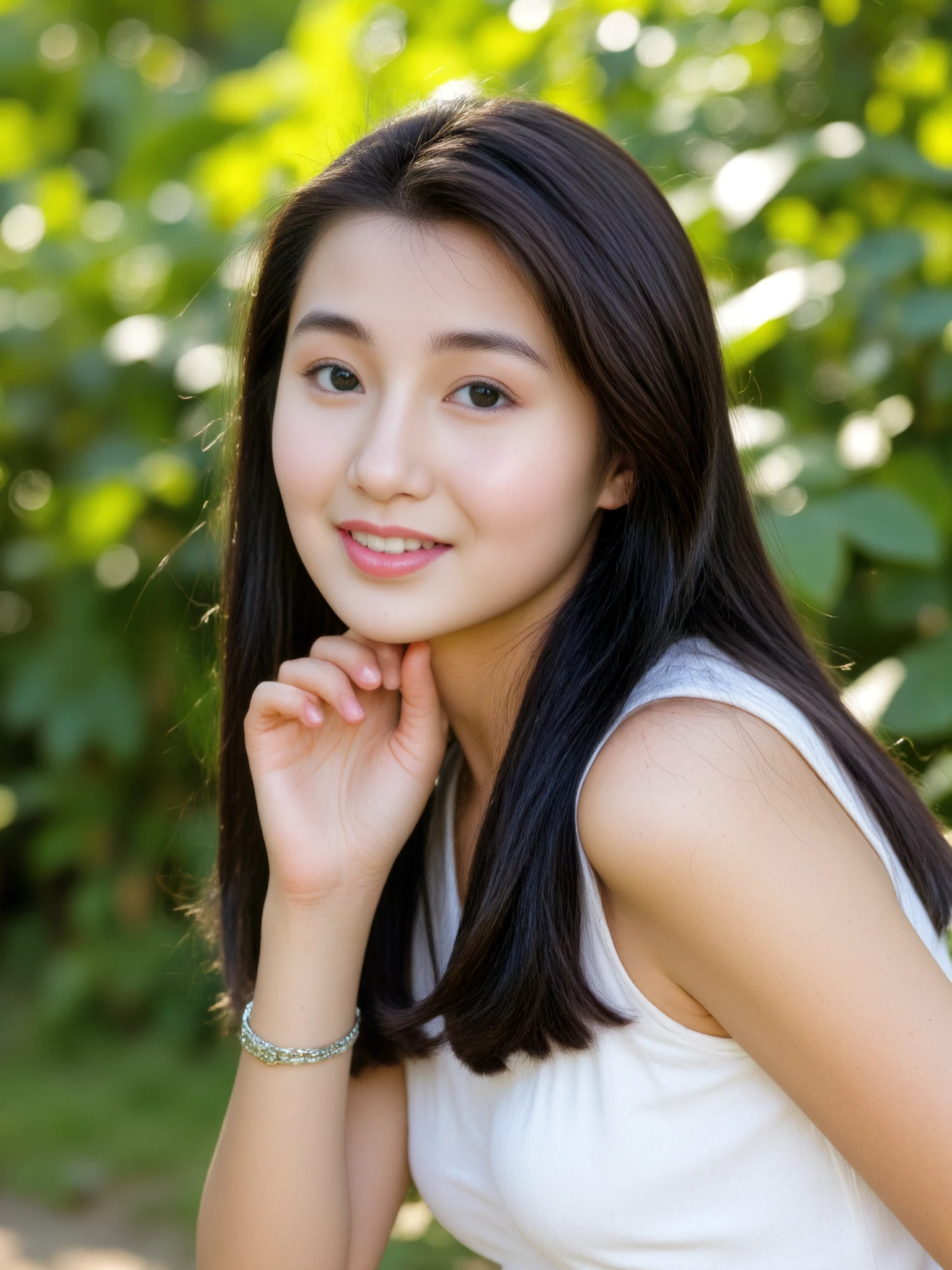 masterpiece High resolution Female student Delicate face Thick eyebrows Deep-set eyelids very cute natural atmosphere boyish 16 years old Shortcuts Dimples Mole Tanuki face Tank top Please open your mouth wide Make fun of them Listen to the Earth、Let's hear that sound