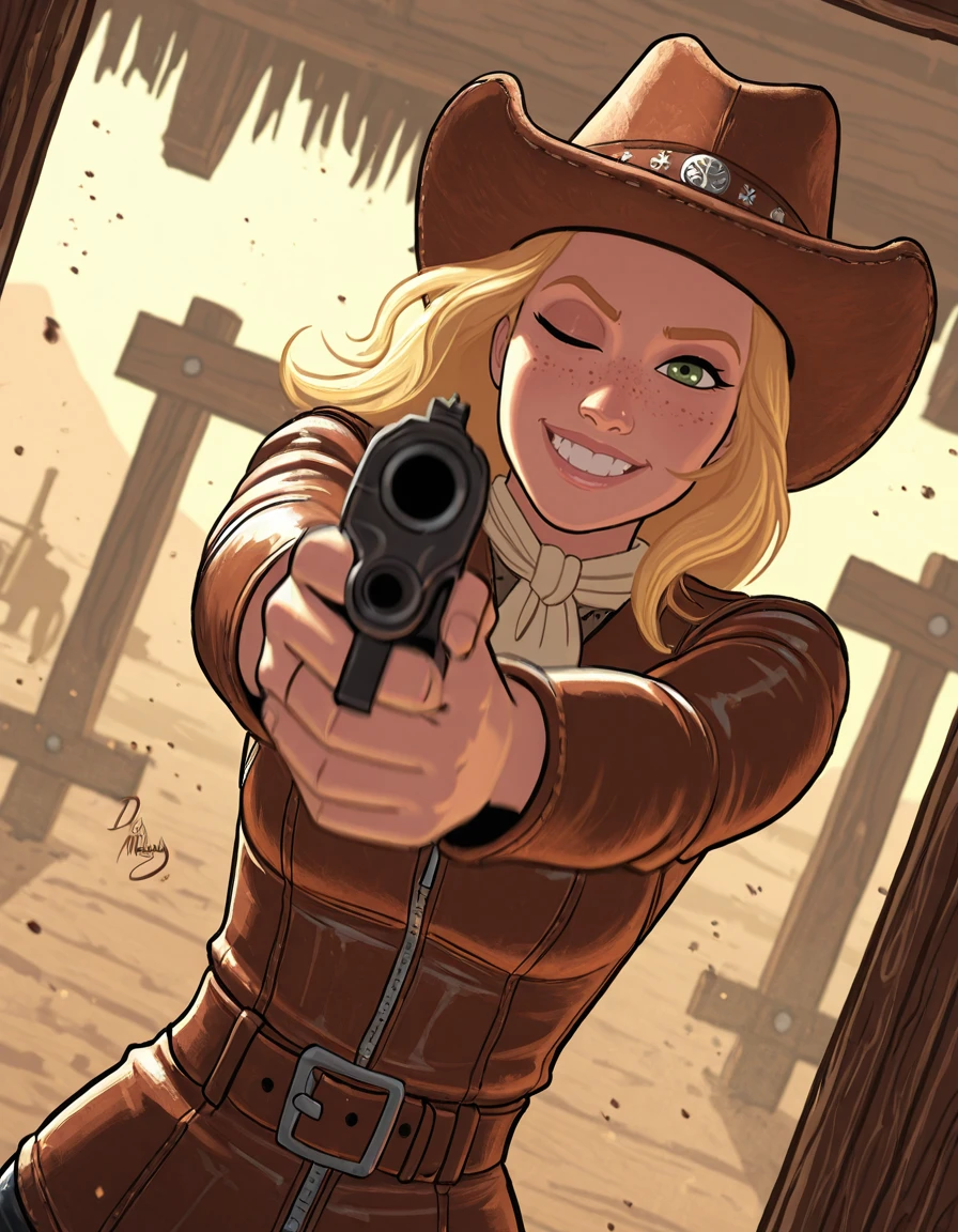 masterpiece, best quality, <lora:DirtymonkeyQuiron_illus:1> dirtymonkeyquiron,
1girl, upper body, dutch angle, wearing leather dress with cowboy hats leather shoes, holding gun aiming toward viewer, grin, blonde hair, freckles, inside old wild west trains, dessert dust, motion blur, one eye closed.,