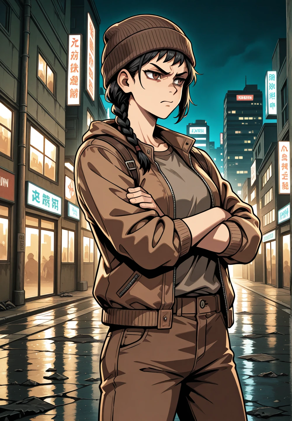 1girl,solo,l3nacf, <lora:L3NACFIllustrious:0.9>,short hair,black hair,braid,brown eyes,standing,beanie,single braid,brown jacket,open jacket,shirt,brown pants,scowling,cowboy shot,crossed arms,outdoors, in ruined city,night