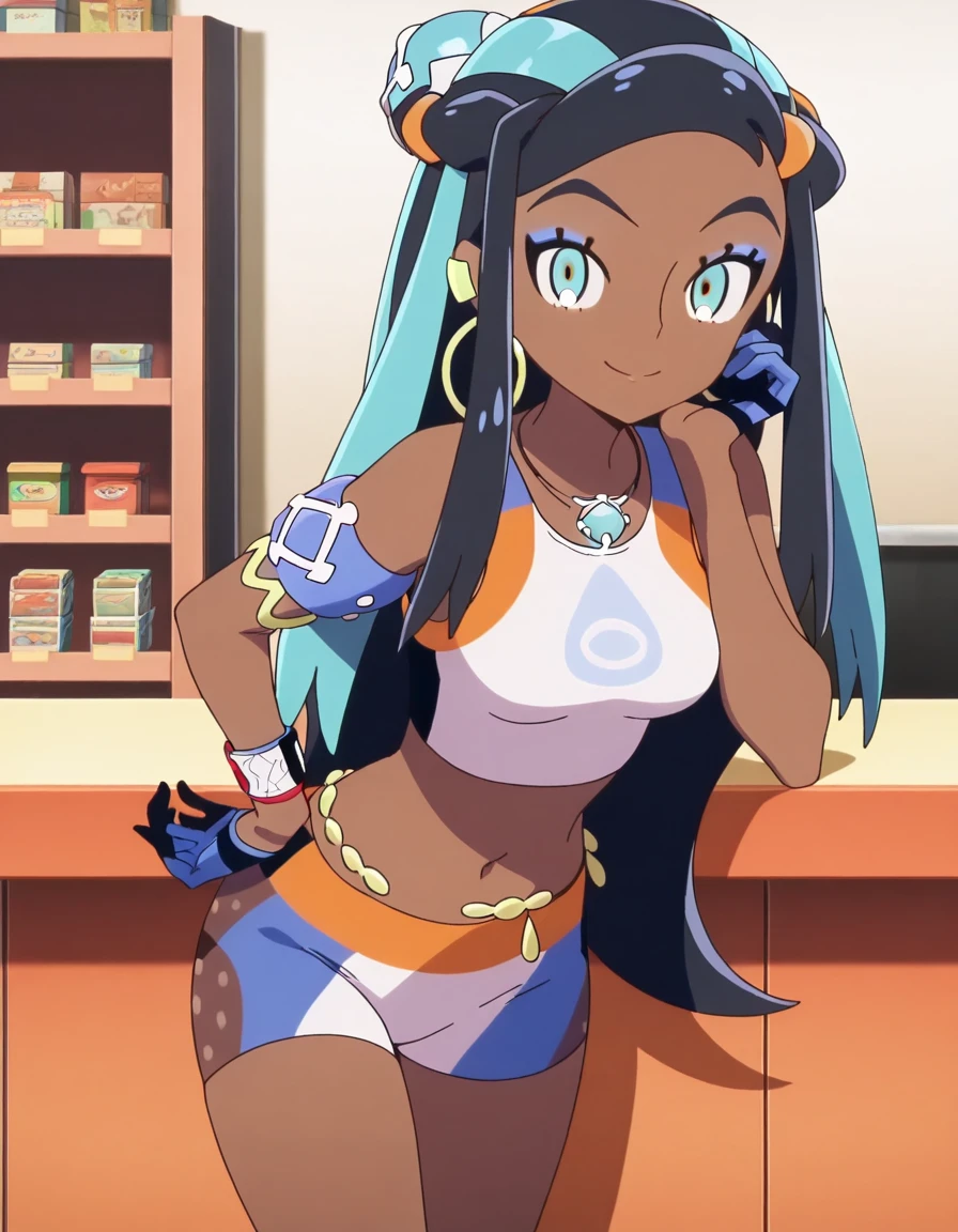 masterpiece, best quality, amazing quality,, <lora:pokemon-nessa-twilight-wings-illustriousxl-lora-nochekaiser:1>, nessa, nessa (pokemon), aqua eyes, eyeshadow, dark skin, dark-skinned female, hair bun, hair ornament, makeup, long hair, sidelocks, single hair bun, thick eyebrows, black hair, aqua hair, streaked hair, mature female, medium breasts, anime screencap,, armlet, bare arms, belly chain, bike shorts, bikini, crop top, earrings, gloves, half gloves, hoop earrings, jewelry, midriff, navel, necklace, short shorts, shorts, swimsuit, tankini,, head rest, smile,, shop, items, counter, customer, shelves, cowboy shot, solo, looking at viewer