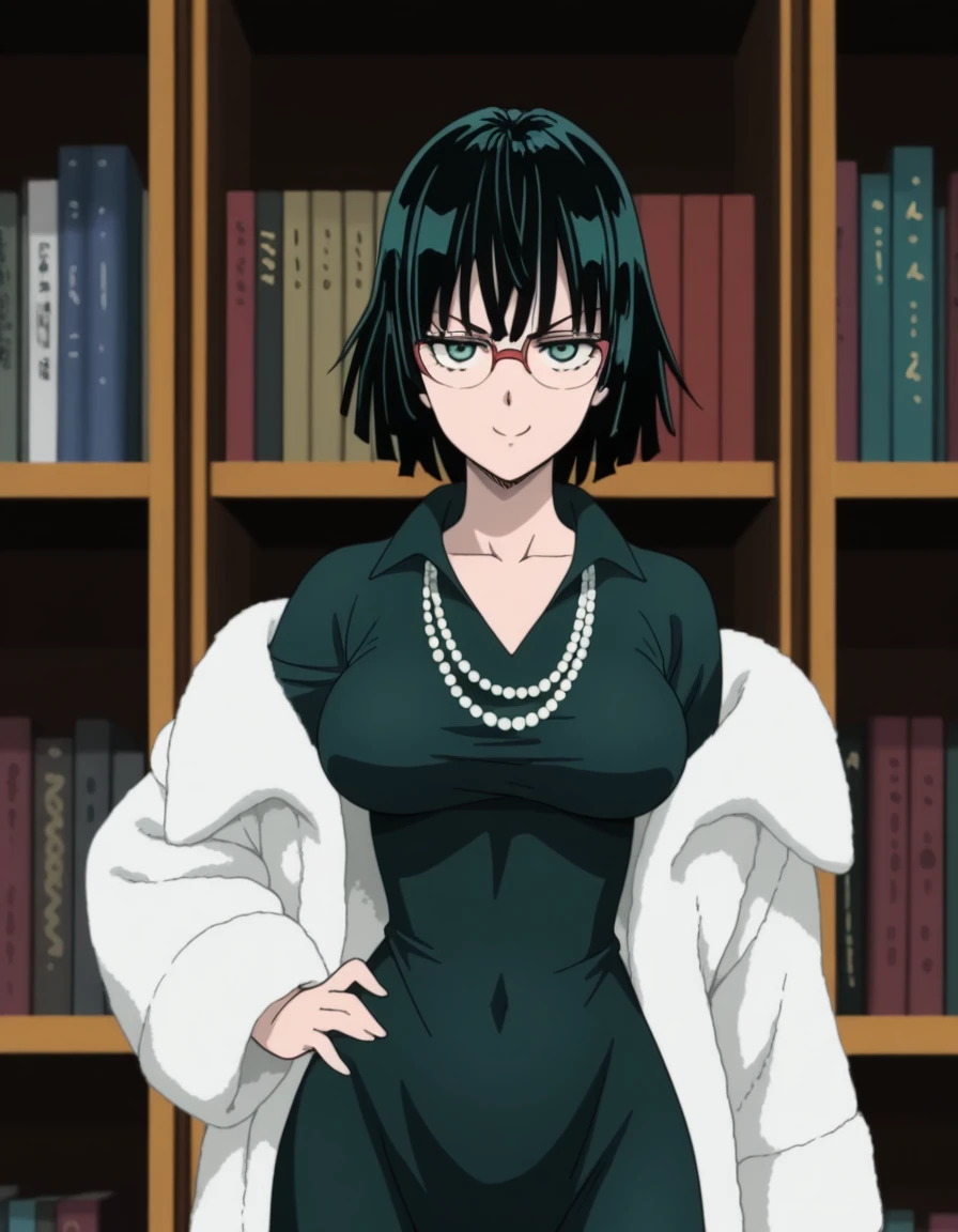 masterpiece, best quality, amazing quality,, <lora:opm-fubuki-s1s2-illustriousxl-lora-nochekaiser:1>, fubuki, fubuki (one-punch man), black hair, green eyes, short hair, mature female, breasts, anime screencap,, black dress, dress, fur coat, high collar, jewelry, necklace, off shoulder, taut clothes, taut dress,, smug, hand on own hip,, library, reading books, glasses, quiet, focused, shelves of books, cowboy shot, solo, looking at viewer