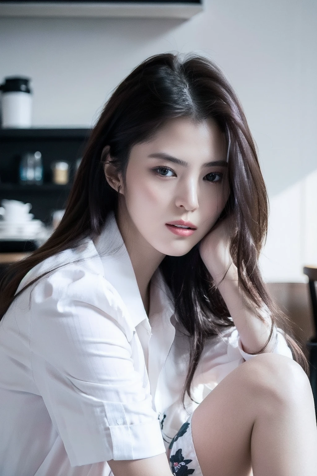 8k, highest quality:1.2, masterpiece:1.3, High resolution RAW photo, photorealistic:1.3, portrait:1.1, super resolution, realistic, real photos, amazing details, An ultra-realistic photograph, cute beautiful one woman with perfect body:1.4, slim big:1.2, amazing details, cute beautiful woman with perfect body:1.4, shiny skin, glossy lips, High-definition face and skin texture, fine eyes, double eyelid, very detailed, dark brown hair color, medium hair, Big Tits, ample breasts:1.4, high resolution chest, hospital,,white doctor coat:1.5, Spread legs, squatting,examination room:1.3