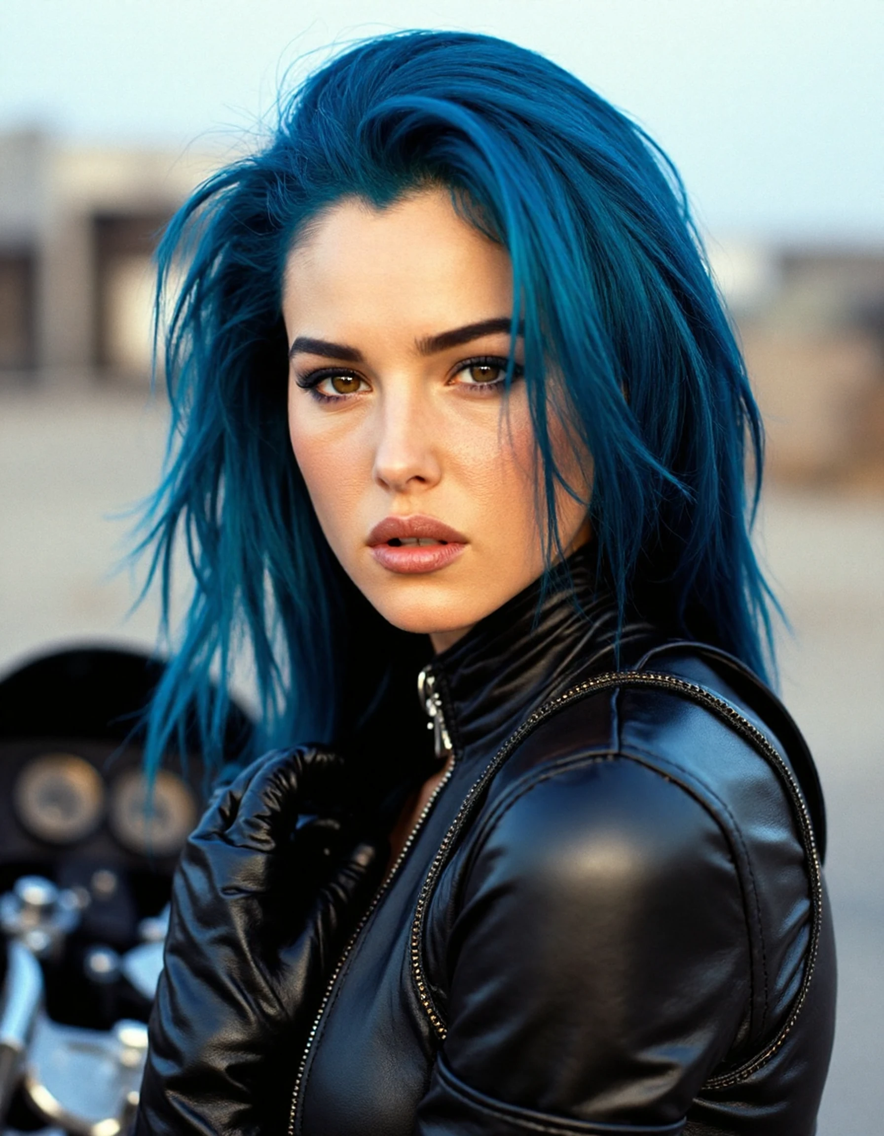 Megan Fox as long blue hair sexy leather jacket in street