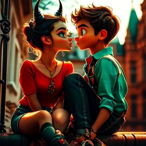 <lora:3D_FairytalesSD1:1> 3D Fairytales, The image shows a boy and a girl sitting on top of a building with the boy wearing a green shirt and the girl wearing a red dress. The background is blurred giving the image an animated feel., 1girl, 1boy, jewelry, looking at another, eye contact, horns, shirt, sitting, denim, red hair