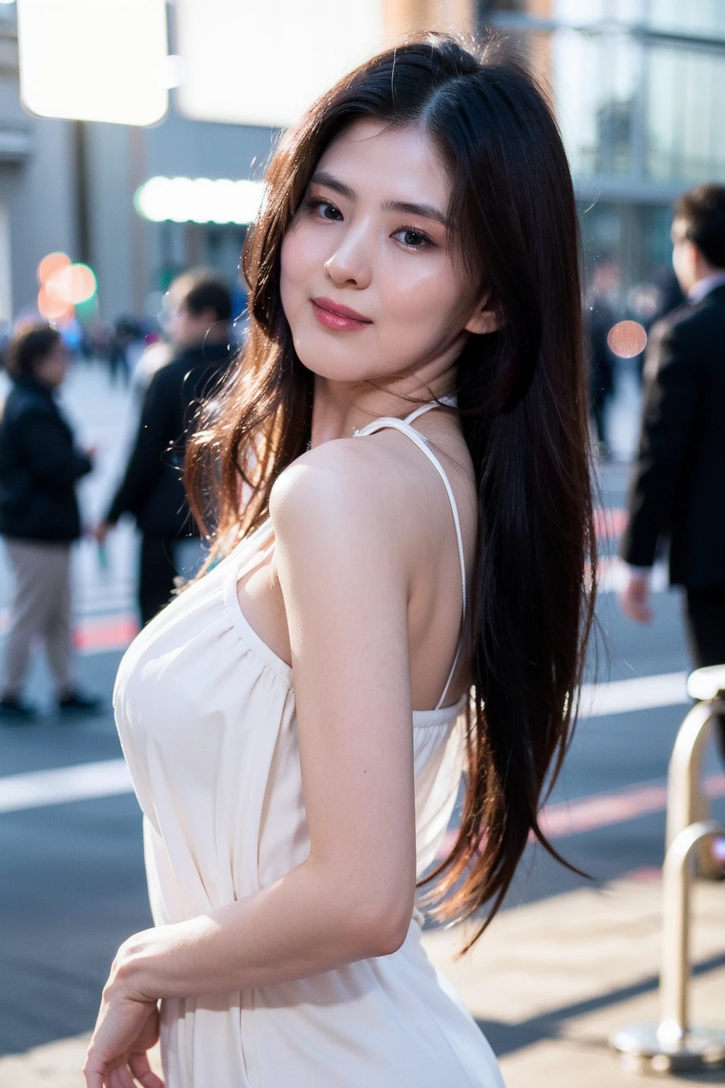 NSFW:1.5,((highest quality、8K resolution、master masterpiece、portrait:1.3)), Photoreal, 35mm film, 1 Japanese female, Upper body、on the street during the day, wrinkles around the eyes、plump body、black hair、smile,((white bra_panties:1.3)) , (outdoor:city street 1.3), jumbled background,look at the audience,Tokyo cityscape:1.3,smile