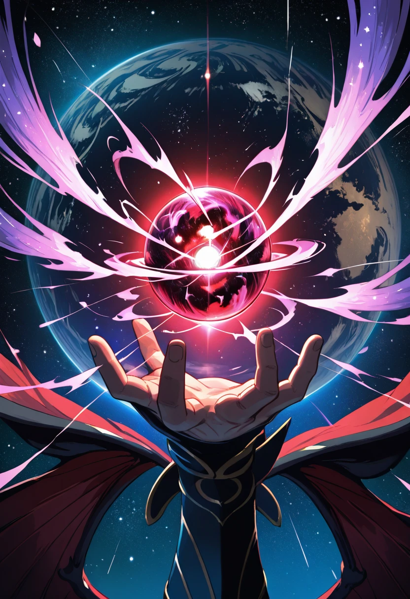 masterpiece, best quality, zzShadowMagic, solo, 1boy, male focus, star (sky), magic, space, energy, energy ball, wings, no humans, planet, orb ,<lora:ShadowMagic_NAI:1.0>,