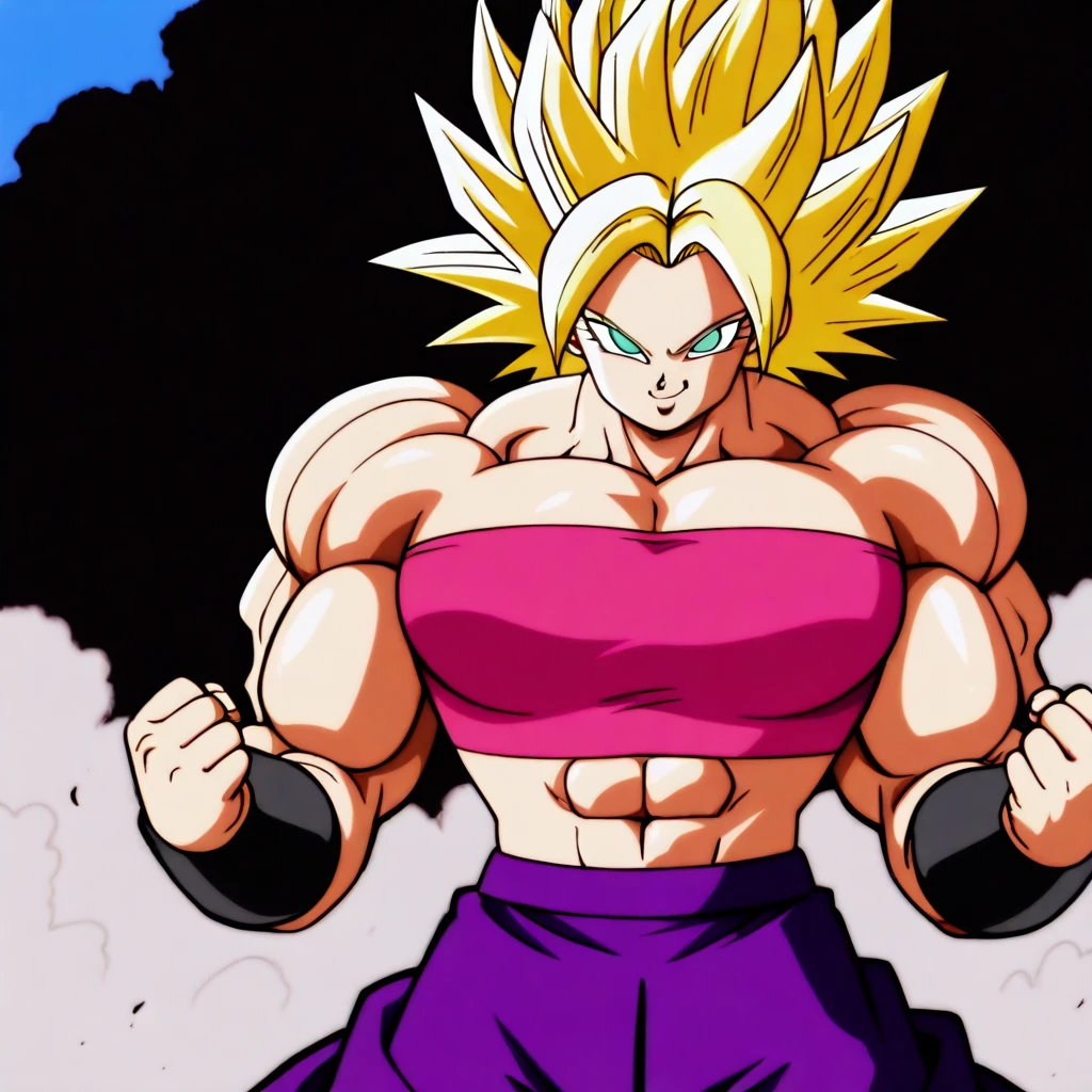 anime screencap, absurdres, high quality, 1990s \(style\),SSTGCaulifla, 1girl, super saiyan, ssj grade 3, blue eyes, yellow hair, spiked hair, muscular female, midriff, black footwear, pink tube top, purple pants, puffy pants, shoes, bracer, very muscular, thick muscles, thick arms, thick legs, solo, fighting stance, arms at sides, smiling, outdoor, blue sky,