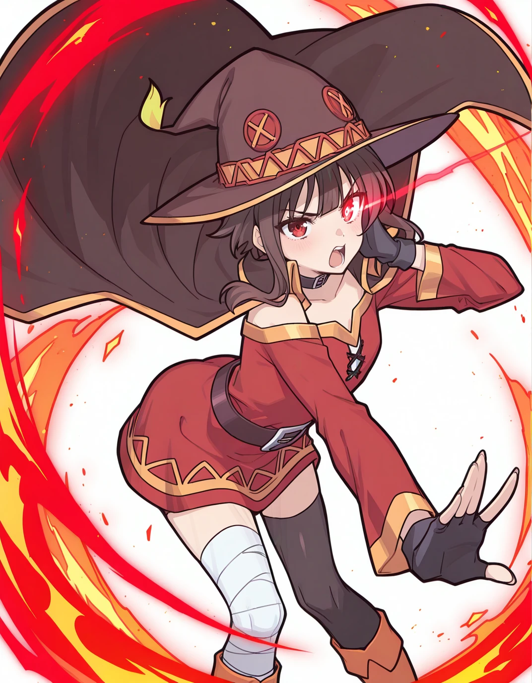 megumin, kono subarashii sekai ni shukufuku wo!, 1girl, full body, solo, standing, looking at viewer, hat, witch hat, brown hair, short hair with long locks, red eyes, blush, black choker, collarbone, flat chest, off-shoulder dress, dress, red dress, brown cape, long sleeves, black gloves, fingerless gloves, belt, brown belt, gold trim, zettai ryouiki, skindentation, (asymmetrical legwear:1.4), mismatched legwear, (bandaged leg:1.3), black thighhighs, nature, village