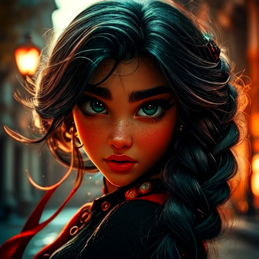 <lora:3D_FairytalesSD1:1> 3D Fairytales, The image shows a girl with long black hair and green eyes wearing a red dress with a heart-shaped object in her hand against a blurred background., 1girl, solo, earrings, heart, braid, jewelry, looking at viewer, heart earrings, long hair, portrait