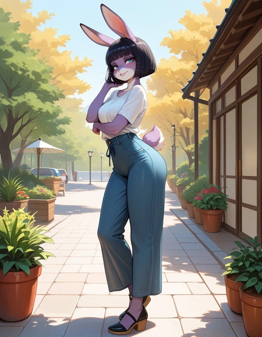 masterpiece, best quality, very aesthetic, absurdres,
outdoors, casual,
full body,standing, posing,
seductive smile, parted lips, long eyelashes,
m4rl3nn3,1girl,solo,furry,furry female,rabbit girl,black hair,short hair,blunt bangs,bob cut,rabbit ears,blue eyes,animal nose,whiskers,body fur,purple fur,rabbit tail,