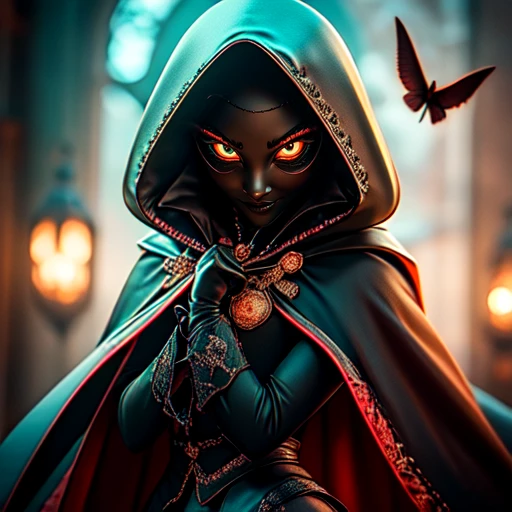 <lora:3D_FairytalesSD1:1> 3D Fairytales, The image shows a woman in a red cloak with a bird flying in the background illuminated by lights. She is wearing a black dress and has a mysterious expression on her face. The background is slightly blurred giving the image an animated feel., hood, smile, solo, 1girl, looking at viewer, gloves, bug, cape, blurry, blurry background