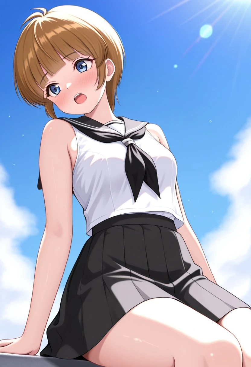 masterpiece, best quality, 32k, high resolution, absurdres, hiyama hikaru, white shirt, blush,  shoulders, teeth, upper teeth only, skirt, neckerchief, blue sky