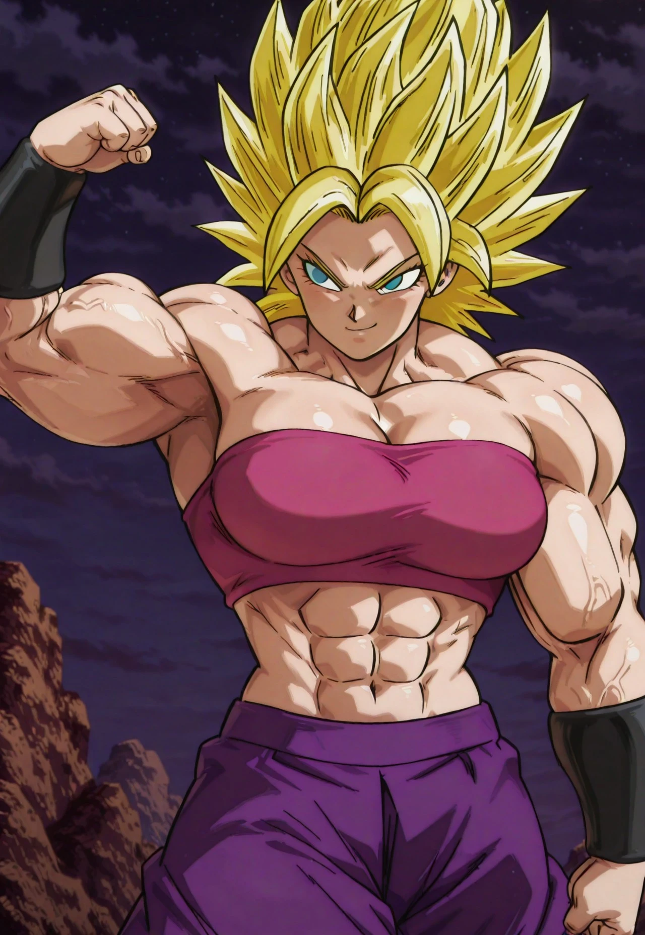 anime screencap, absurdres, high quality, SSTGCaulifla, 1girl, super saiyan, ssj grade 3, blue eyes, yellow hair, spiked hair, muscular female, midriff, black footwear, pink tube top, purple pants, puffy pants, shoes, bracer, very muscular, thick muscles, thick arms, thick legs, solo, v-shaped eyes, v-shaped eyebrows, purple pants, looking at another, biceps, shiny hair, shiny skin, cowboy shot, smiling, flexing a big bicep, one arm raised, one arm at side, muscular female, solo, dark sky, no veins,