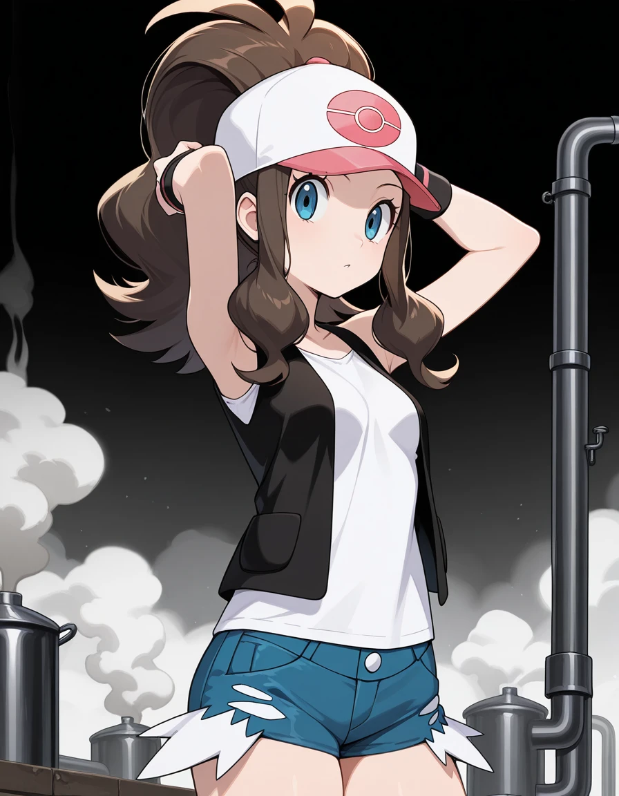 masterpiece, best quality, amazing quality,, <lora:pokemon-hilda-illustriousxl-lora-nochekaiser:1>, hilda, hilda (pokemon), blue eyes, brown hair, long hair, ponytail, mature female, small breasts, anime screencap,, baseball cap, blue shorts, denim, hat, shorts, vest, wristband, sleeveless, black vest, white shirt, shirt,, hands behind head,, refinery, pipes, smoke, metal, oil, cowboy shot, solo, looking at viewer