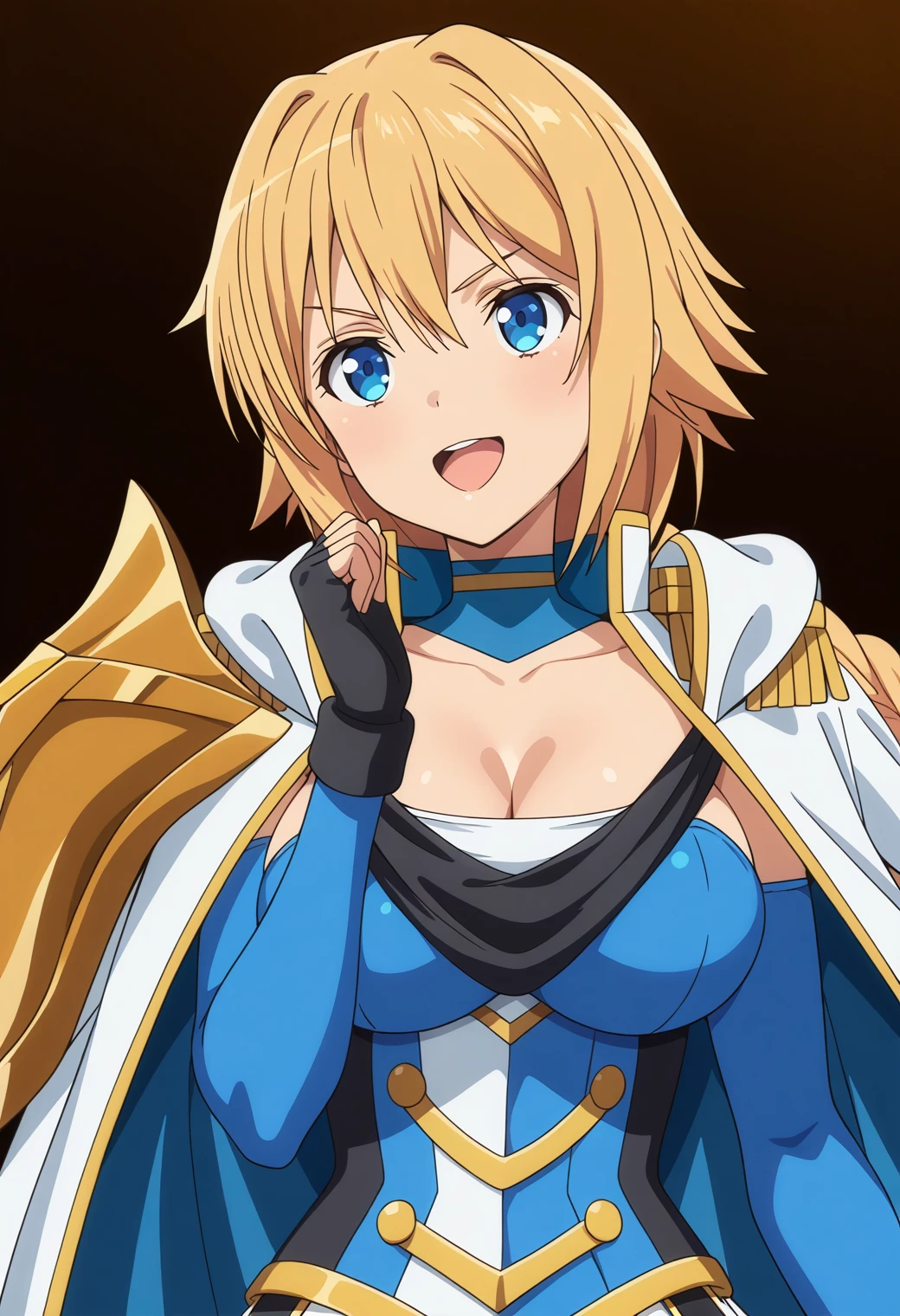 jeangunnhildr, jean, blonde hair, blue eyes, hair between eyes, medium hair, ponytail,
BREAK black gloves, blue capelet, capelet, cleavage, corset, detached sleeves, gloves, pants, strapless, white pants,
BREAK indoors, castle,
BREAK looking at viewer, upper body, full body,
BREAK (masterpiece:1.2), best quality, high resolution, unity 8k wallpaper, (illustration:0.8), (beautiful detailed eyes:1.6), extremely detailed face, perfect lighting, extremely detailed CG, (perfect hands, perfect anatomy),