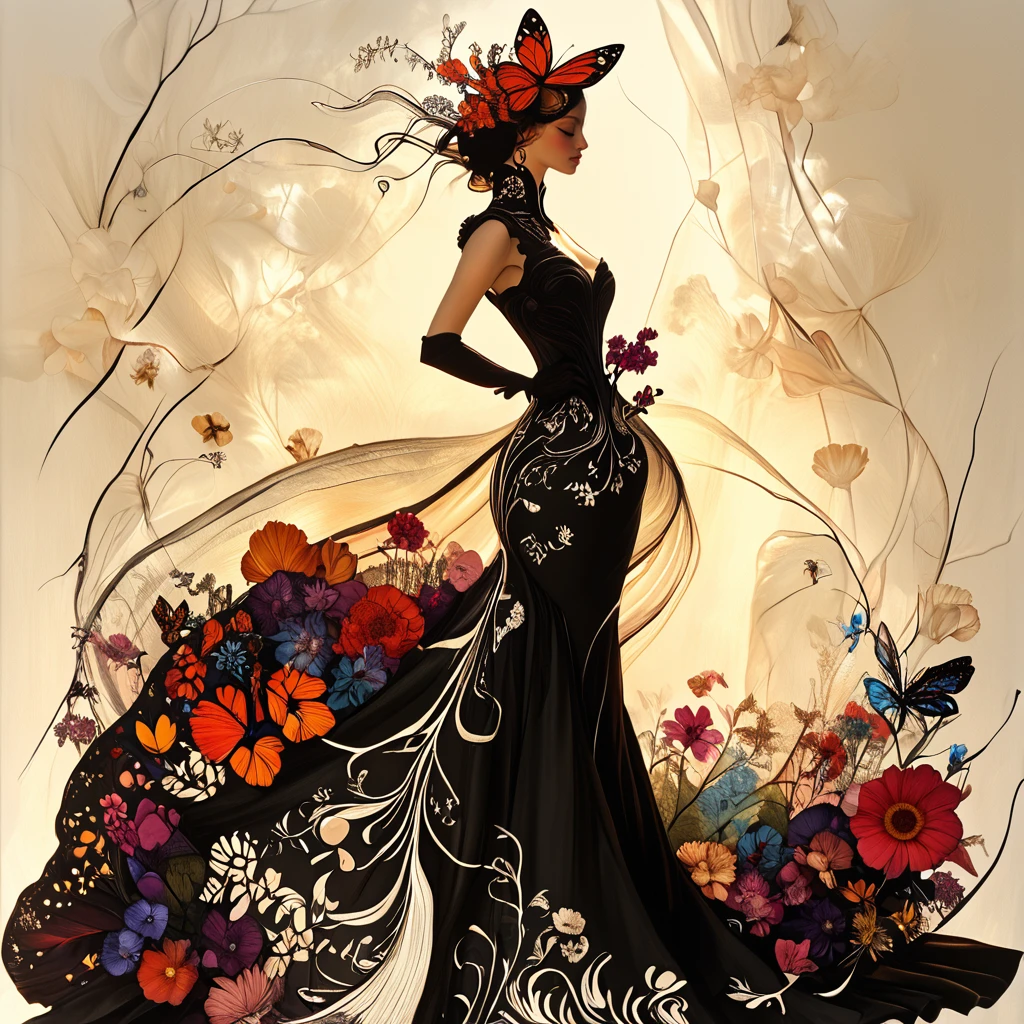 Score_9, score_8_up, score_7_up, score_6_up, BREAK <lora:Art_Nouveau_Fashion_illustrationPony:1> Art Nouveau Fashion illustration, The image shows a woman in a black and white dress with flowers on her head standing against a white background. Her dress is adorned with intricate details such as lace beading and a long train. Her hair is long and flowing cascading down her back. She has a gentle expression on her face and her eyes are closed as if she is in a peaceful state., 1girl, solo, dress, black hair, bug, closed eyes, elbow gloves, black dress, gloves, butterfly