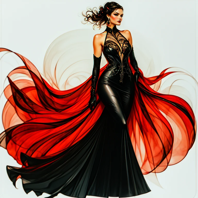 <lora:Art_Nouveau_Fashion_illustrationSD1:1> Art Nouveau Fashion illustration, The image shows a woman in a black and red dress with a red cape standing against a white background. Her dress is adorned with intricate details such as a long train and a high neckline and her hair is styled in a sleek updo. She is wearing a pair of black heels and her makeup is subtle and natural., 1girl, solo, dress, black dress, jewelry, gloves, black hair, makeup, earrings, lipstick
